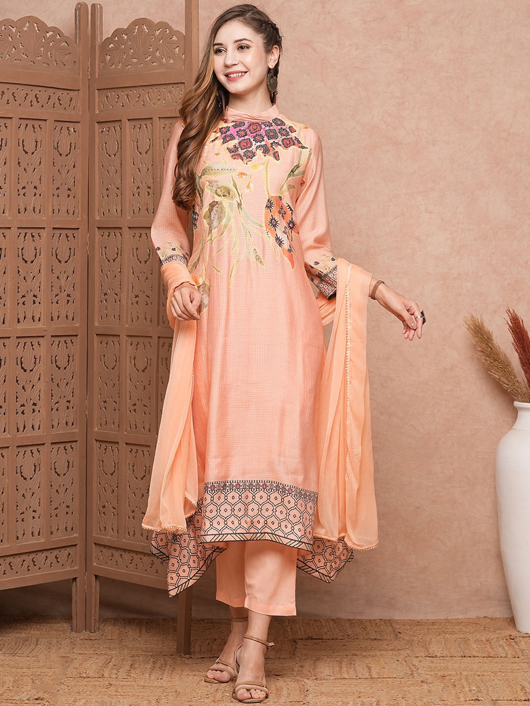 

FASHOR Floral Printed Regular Mirror Work A-line Kurta With Trouser & Dupatta, Peach