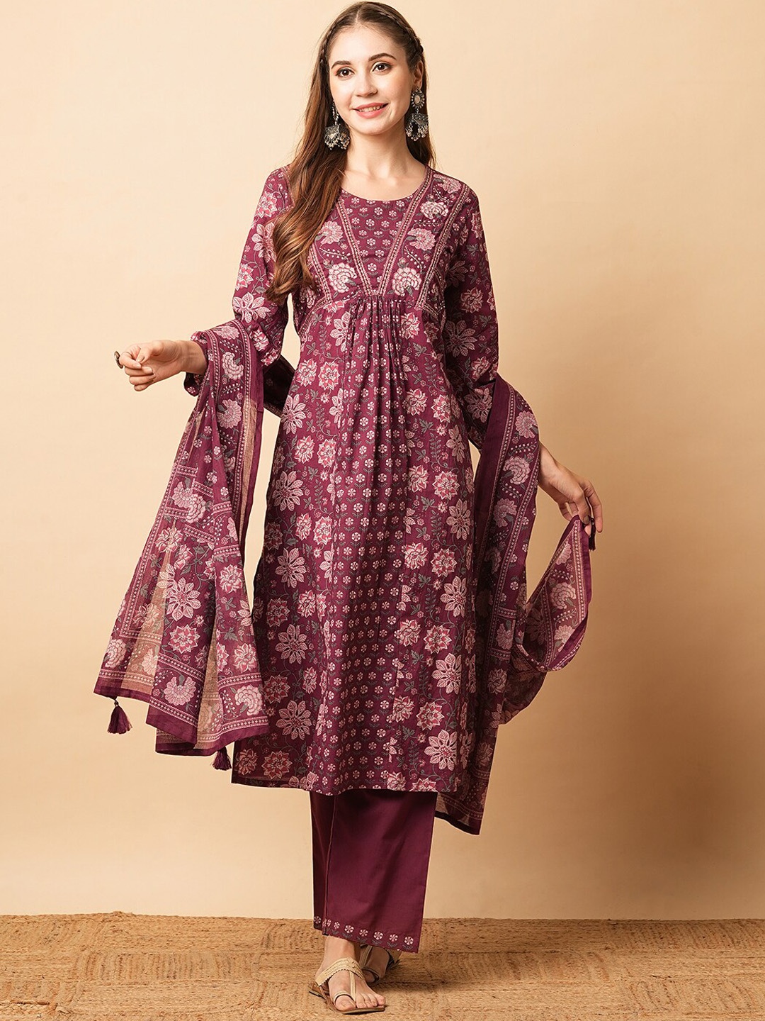 

FASHOR Floral Printed Pleated Mirror Work Pure Cotton A-Line Kurta With Trouser & Dupatta, Burgundy