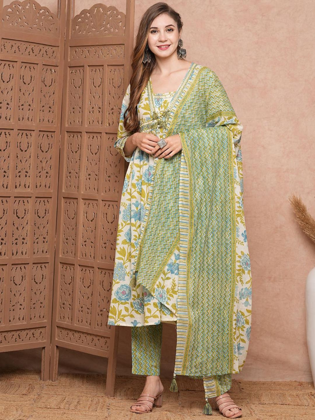 

FASHOR Floral Printed Pleated Mirror Work Pure Cotton A-Line Kurta with Trousers & Dupatta, White