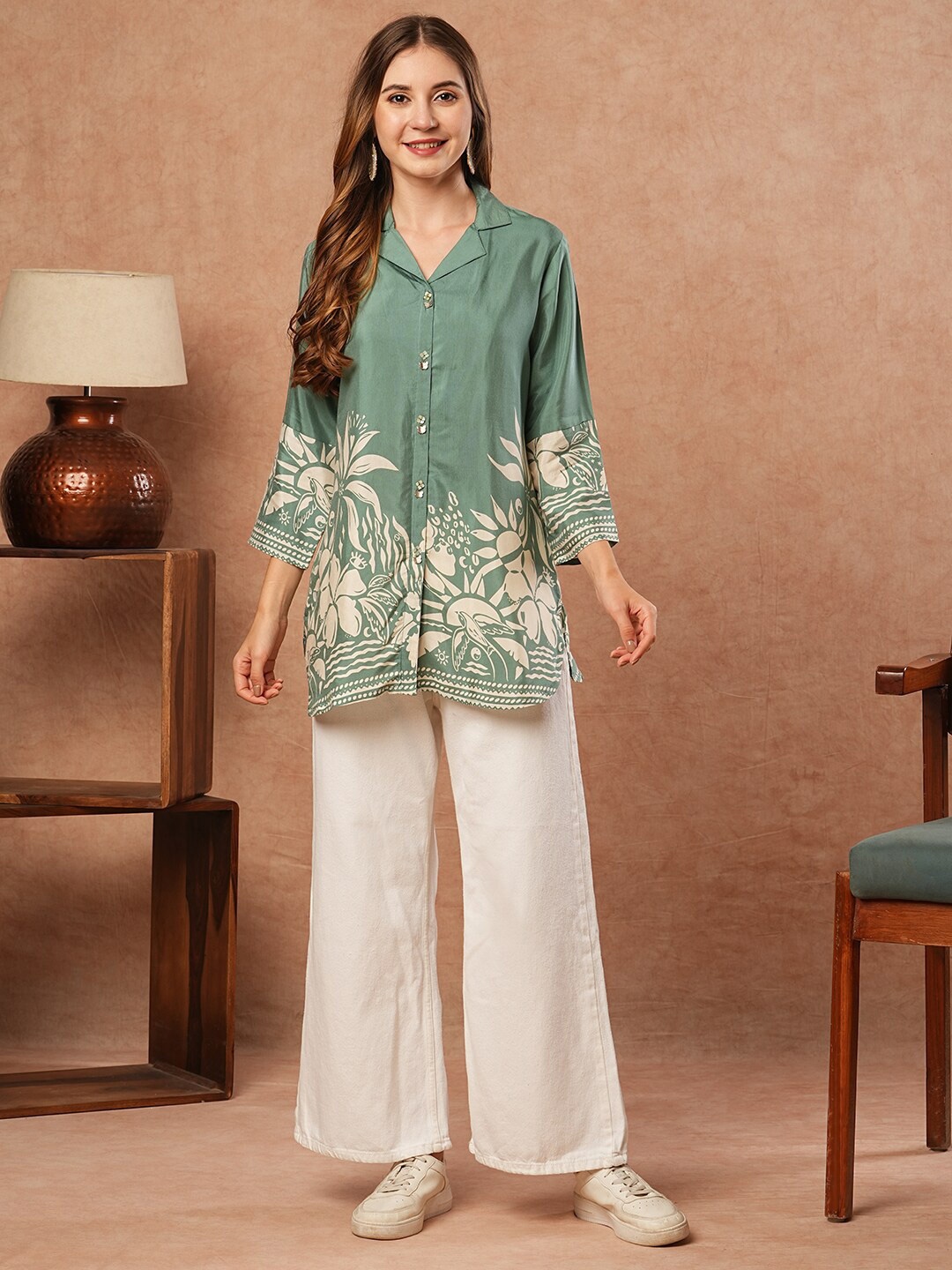 

FASHOR Floral Printed Shirt Collar Kurti, Green