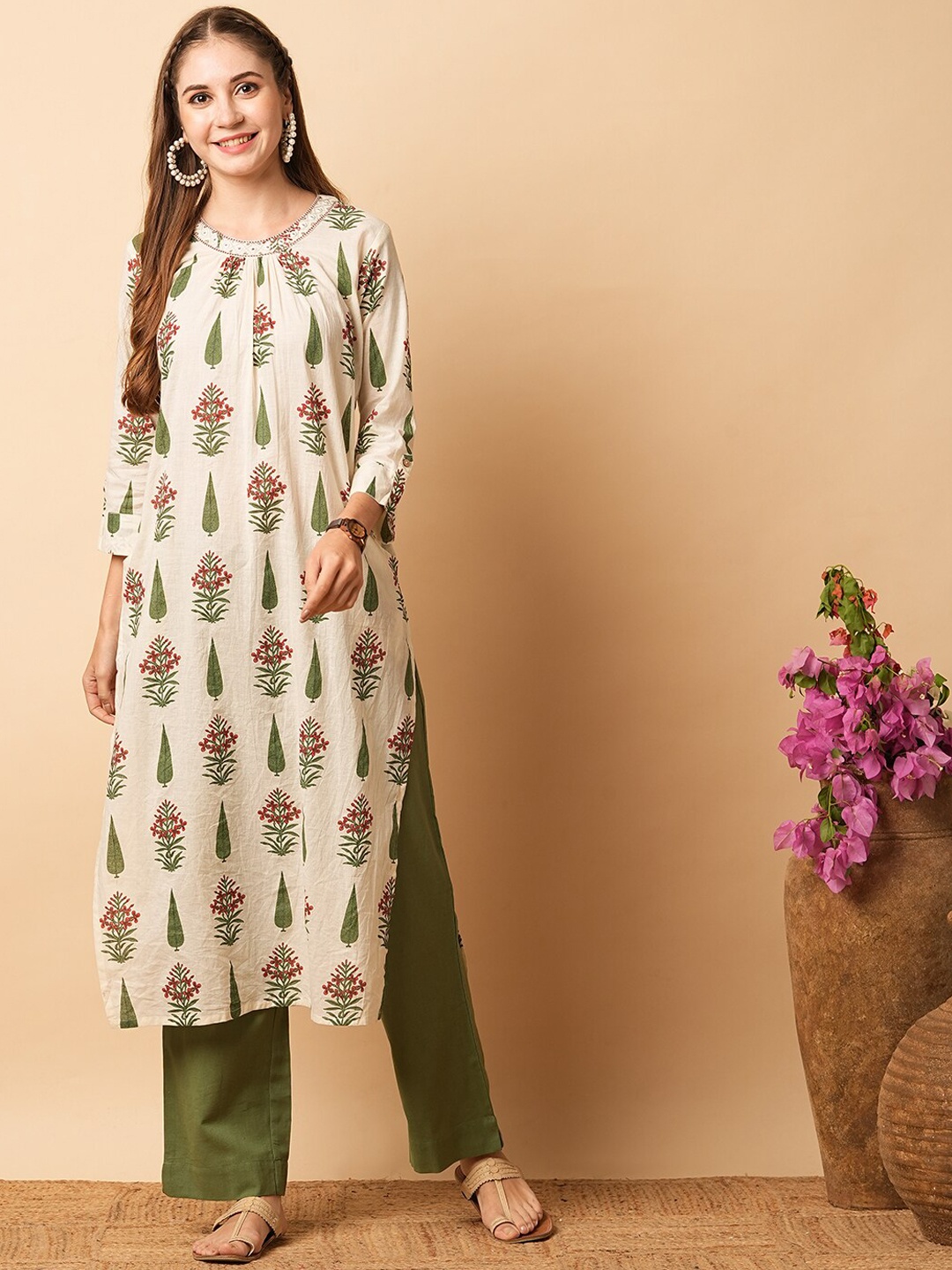 

FASHOR Floral Printed Pleated Mirror Work Straight Pure Cotton Kurta With Trouser, Off white