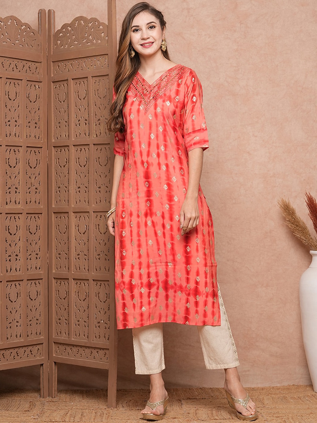 

FASHOR Ethnic Motifs Printed Gotta Patti A-Line Kurta, Coral