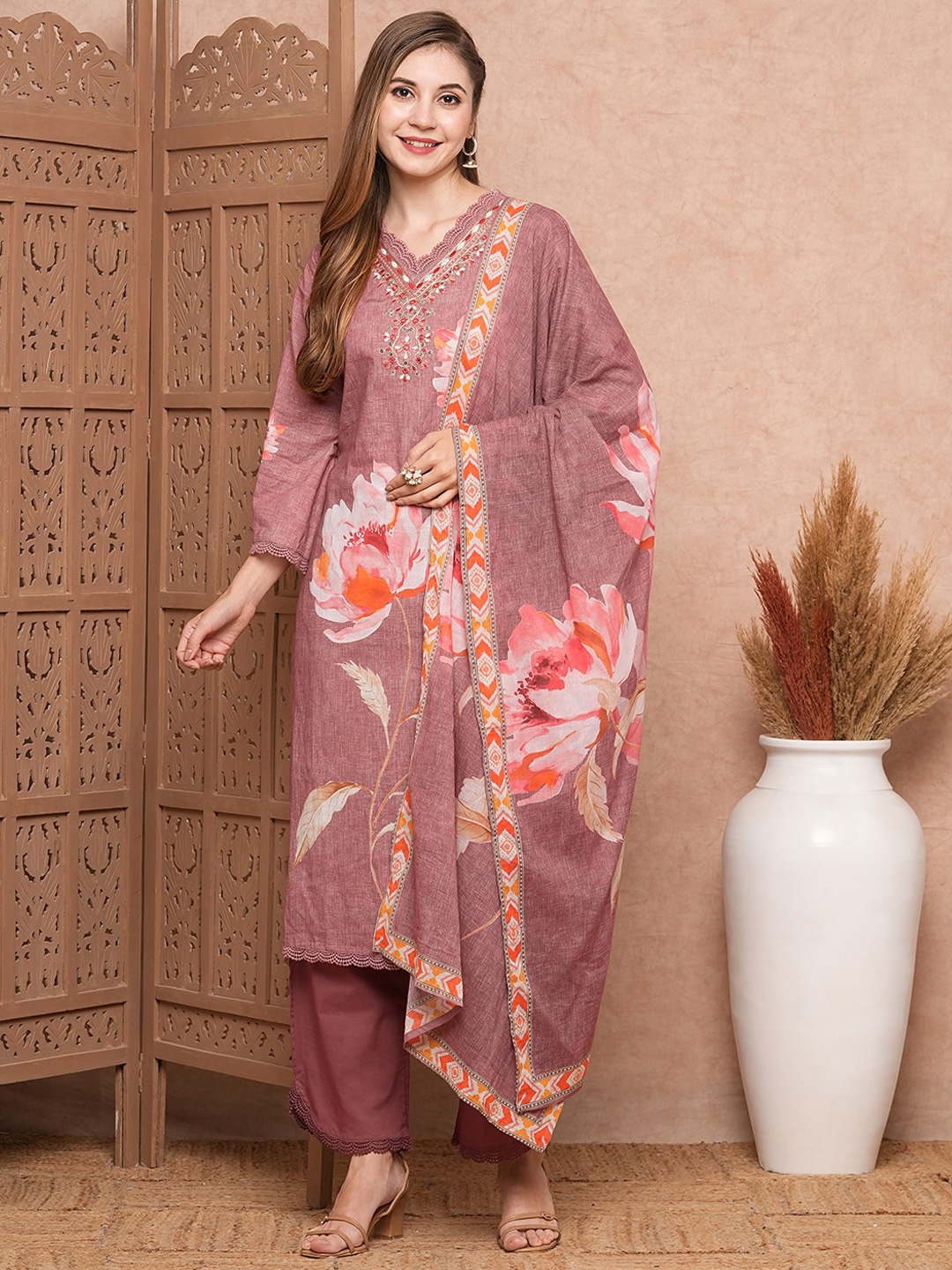 FASHOR Floral Printed Regular Mirror Work Pure Cotton Kurta with Trousers & With Dupatta, Mauve