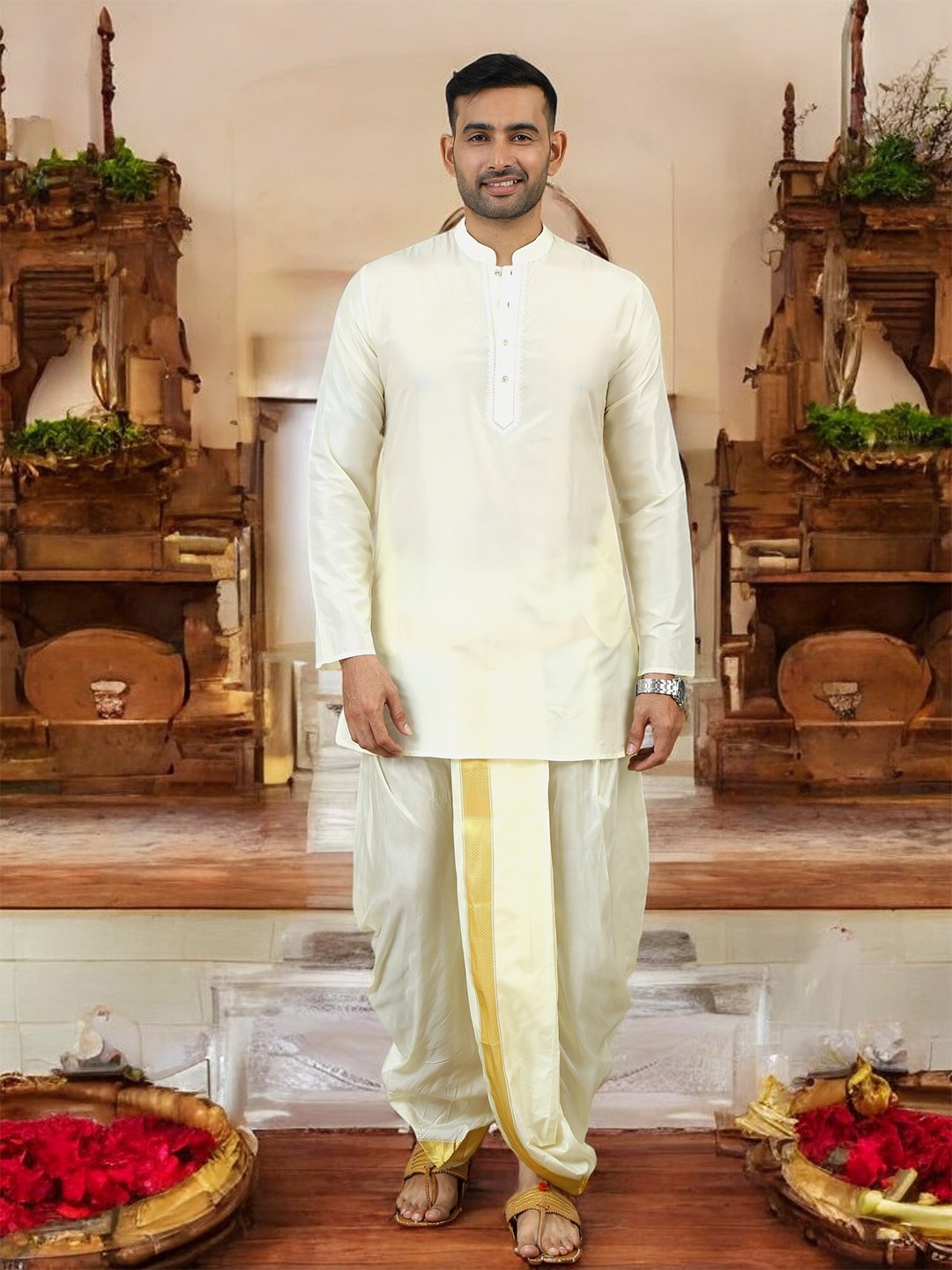 

TATTVA Regular Long Sleeves Pure Silk Kurta with Dhoti Pants & With Dupatta, Cream