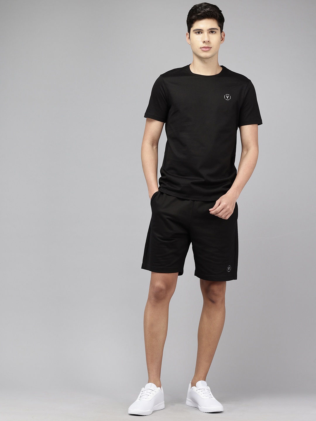 

Van Heusen Solid T-Shirt with Shorts Pure Cotton Co-Ords, Black