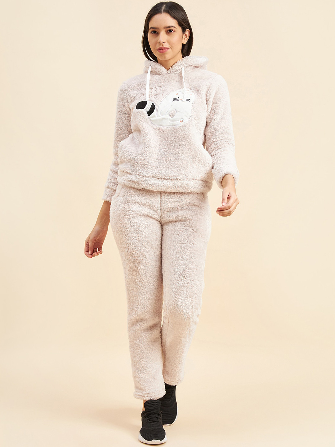 

Sweet Dreams Beige Graphic Printed Hooded Tracksuit