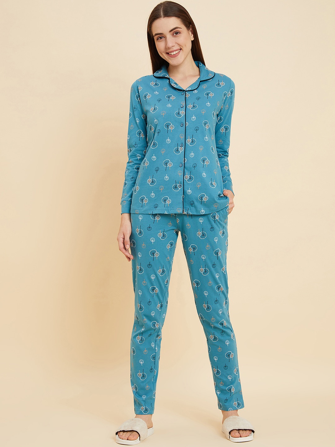 

Sweet Dreams Teal Blue Floral Printed Lapel Collar Pure Cotton Night suit