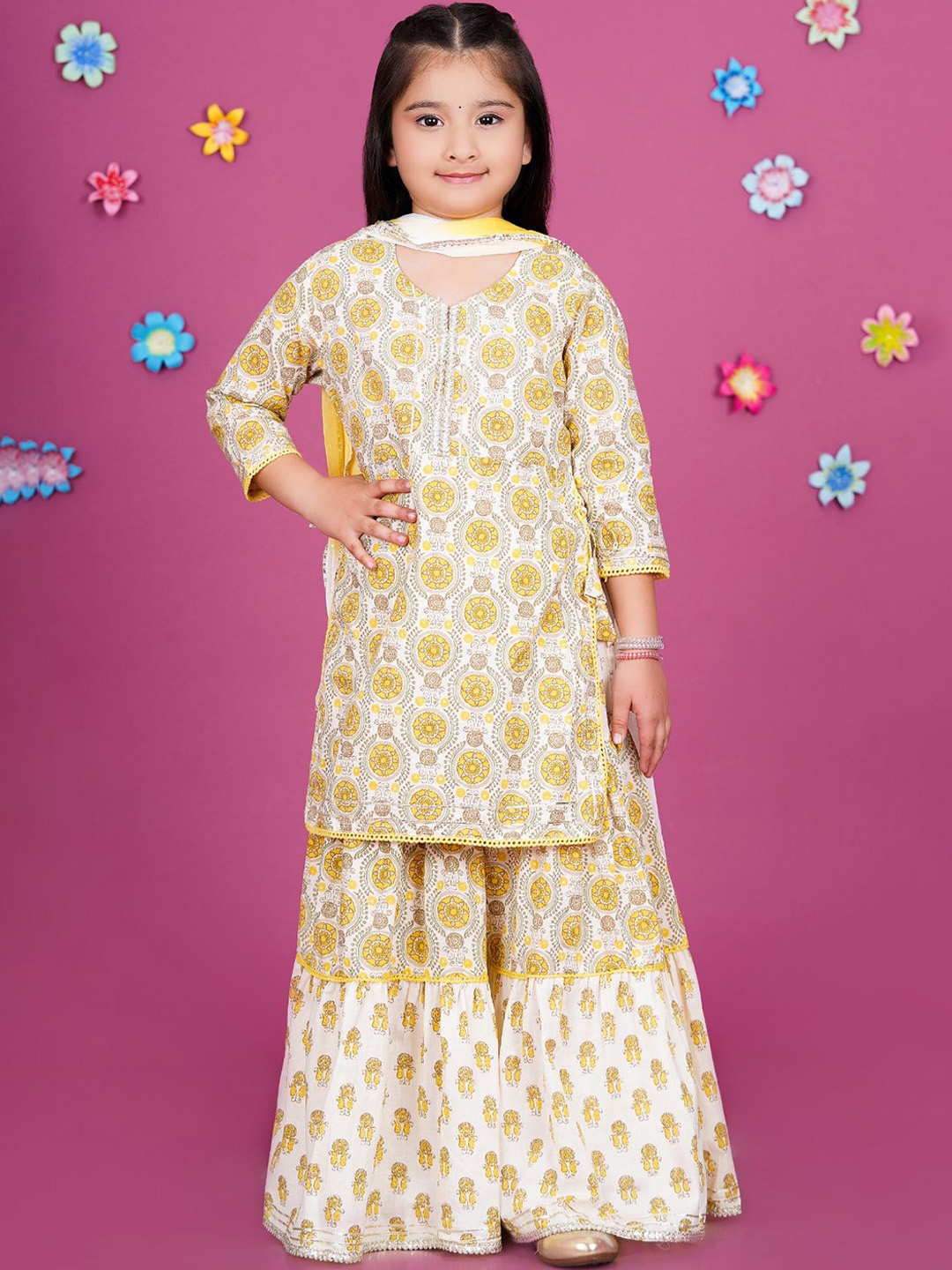 

Stuffie Land Girls Ethnic Motifs Printed Gotta Patti Pure Cotton Kurta, Sharara & Dupatta, Yellow