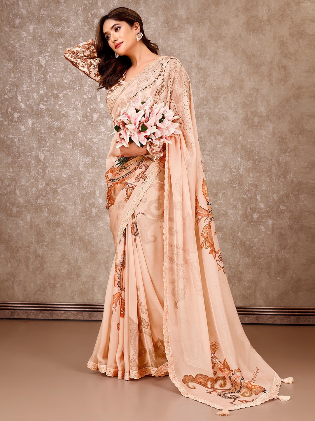

SANSKAR Paisley Embroidered Organza Saree, Beige
