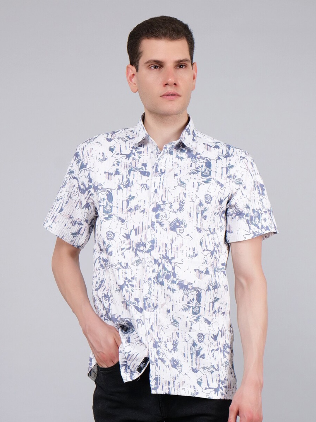 

4400BC Floral Printed Spread Collar India Slim Regular Fit Casual Shirt, White
