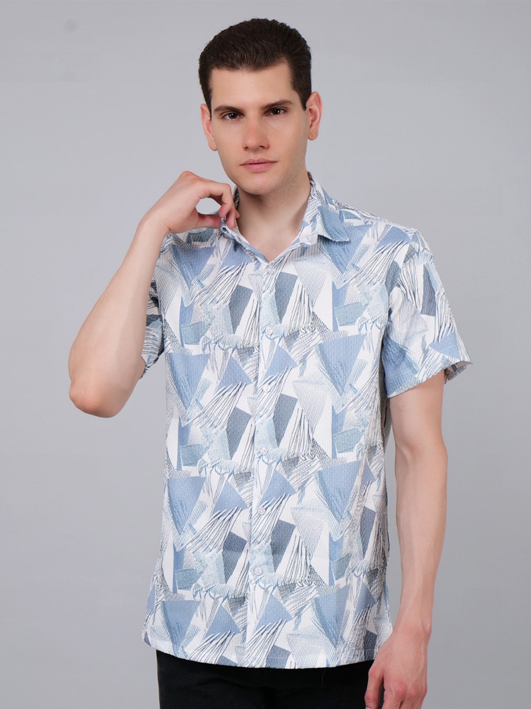 

4400BC Abstract Printed Spread Collar India Slim Regular Fit Casual Shirt, White