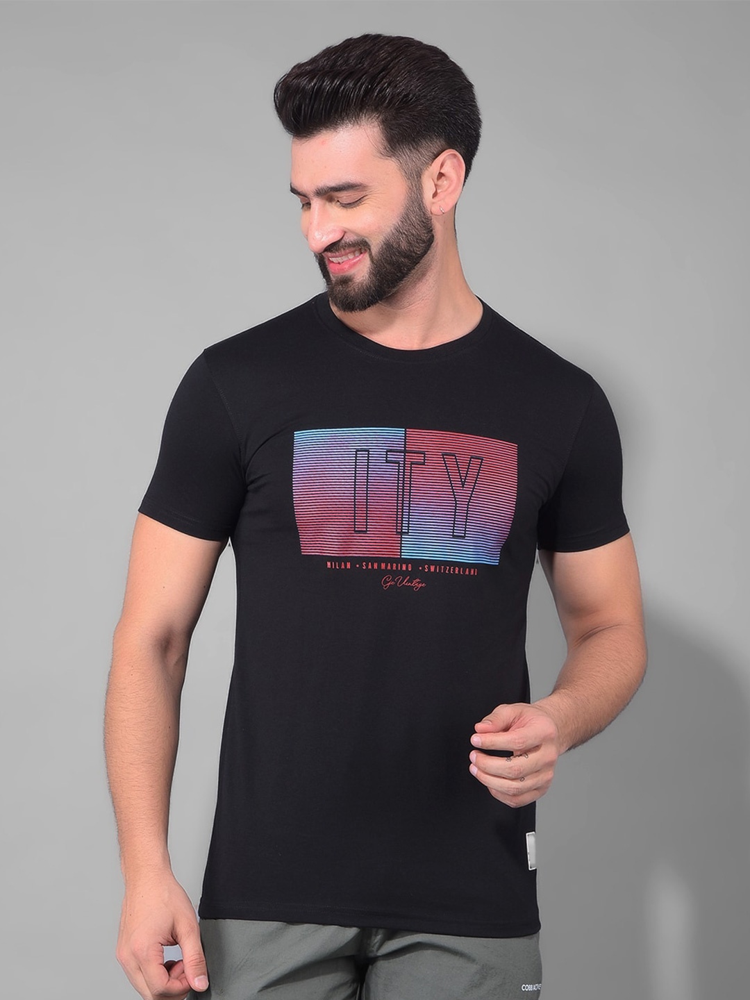 

COBB Round Neck Short Sleeves Printed Cotton T-shirt, Black