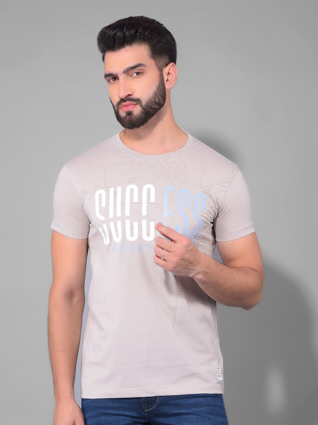 

COBB Round Neck Short Sleeves Typography Printed Cotton T-shirt, Grey