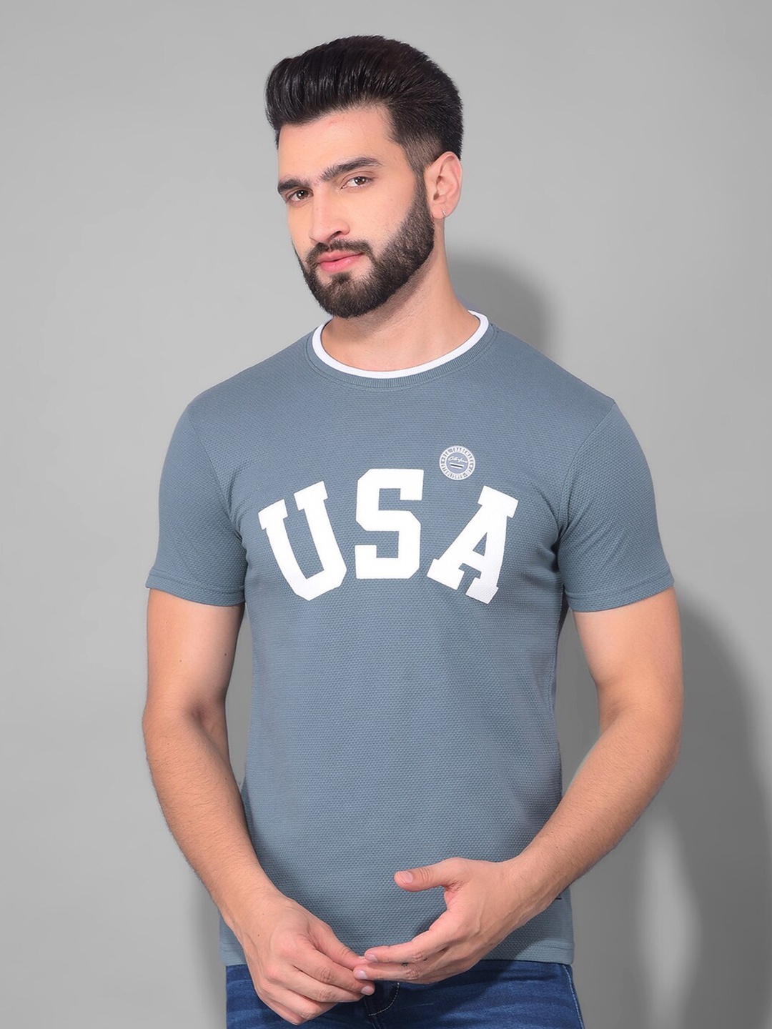 COBB Round Neck Short Sleeves Typography Printed Cotton T-shirt, Grey