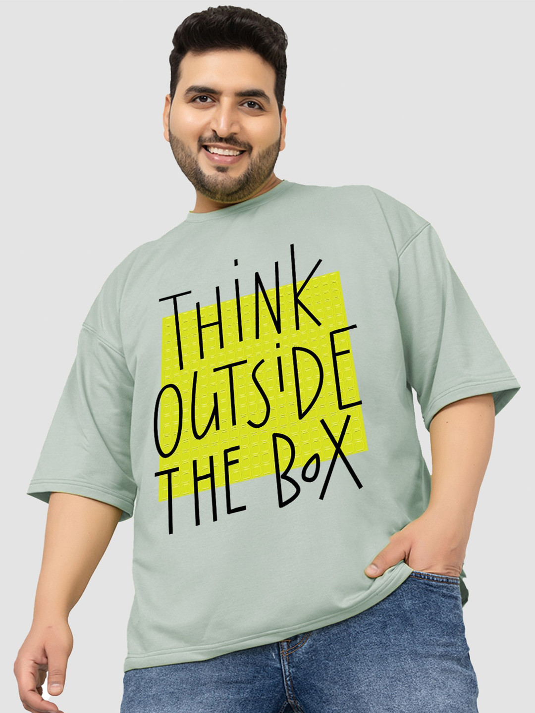 

CHKOKKO Typography Printed Three-Quarter Sleeves Oversized Cotton Casual T-shirt, Green