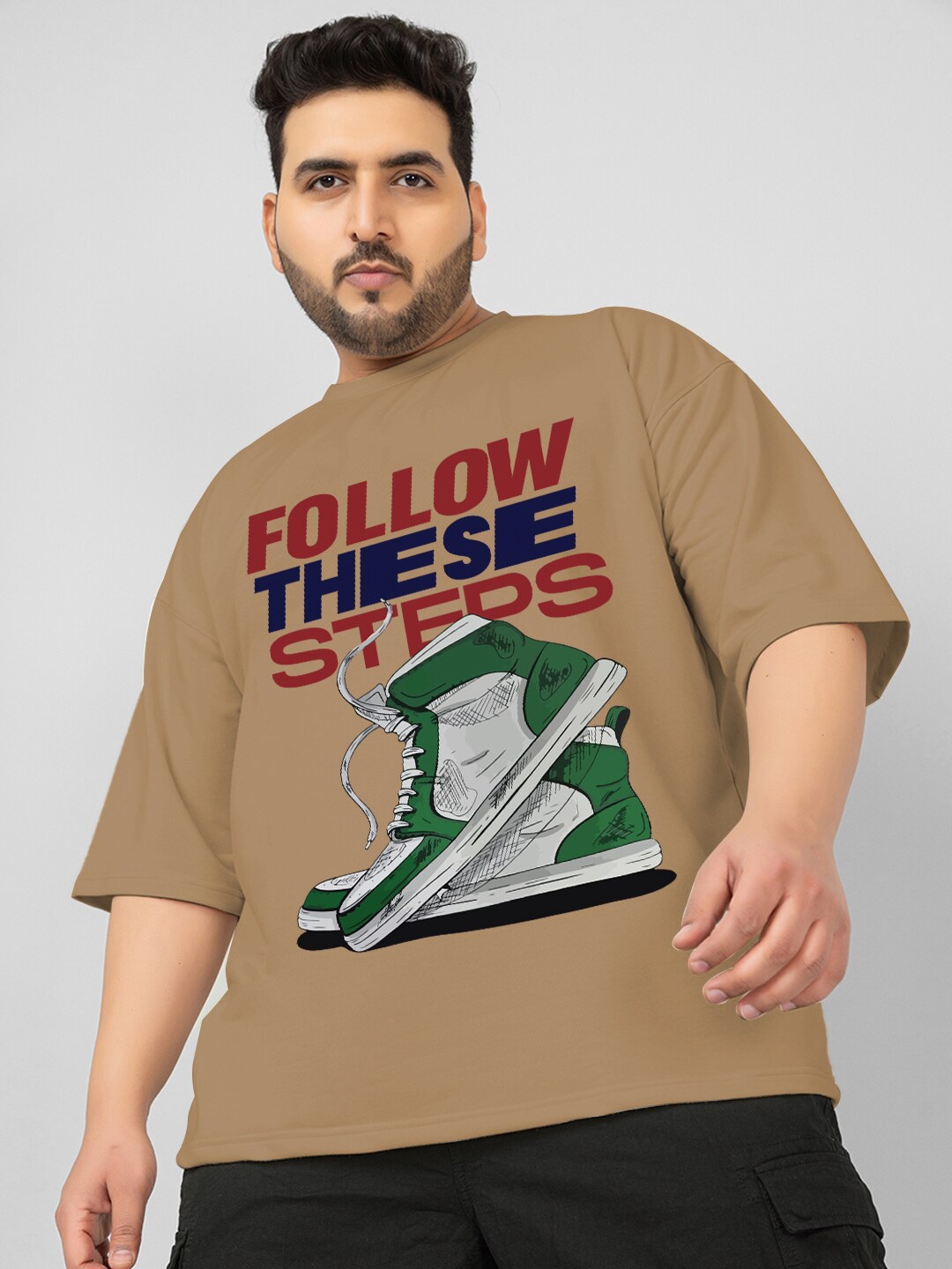 

CHKOKKO Graphic Printed Three-Quarter Sleeves Oversized Cotton Casual T-shirt, Khaki
