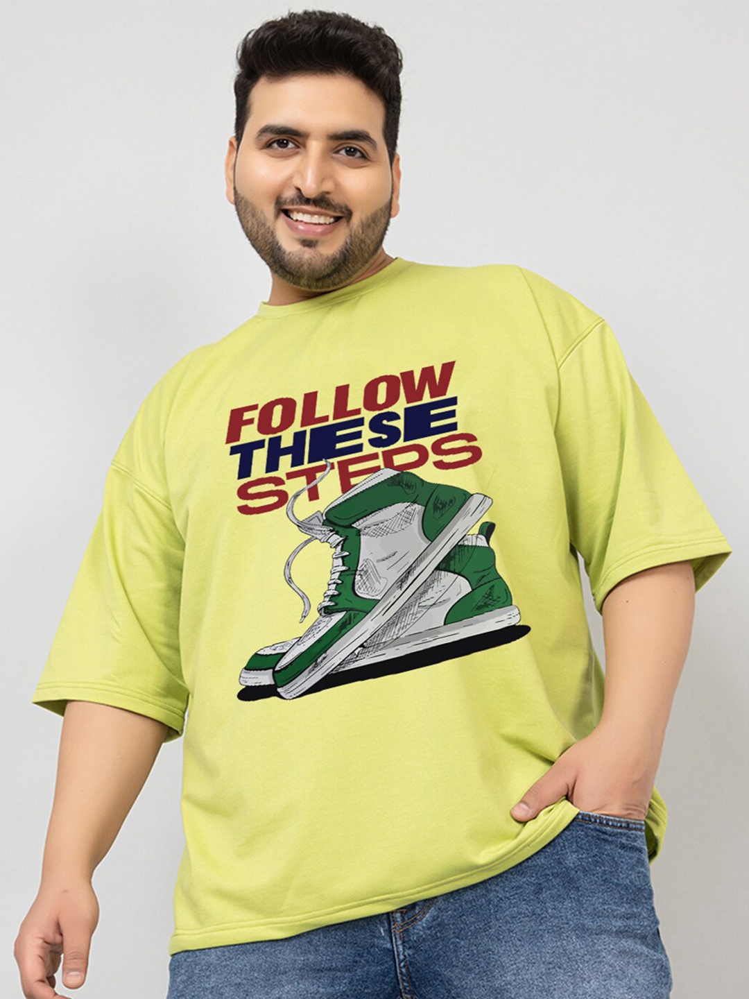 CHKOKKO Graphic Printed Round Neck Oversized Cotton Casual T-shirt, Green