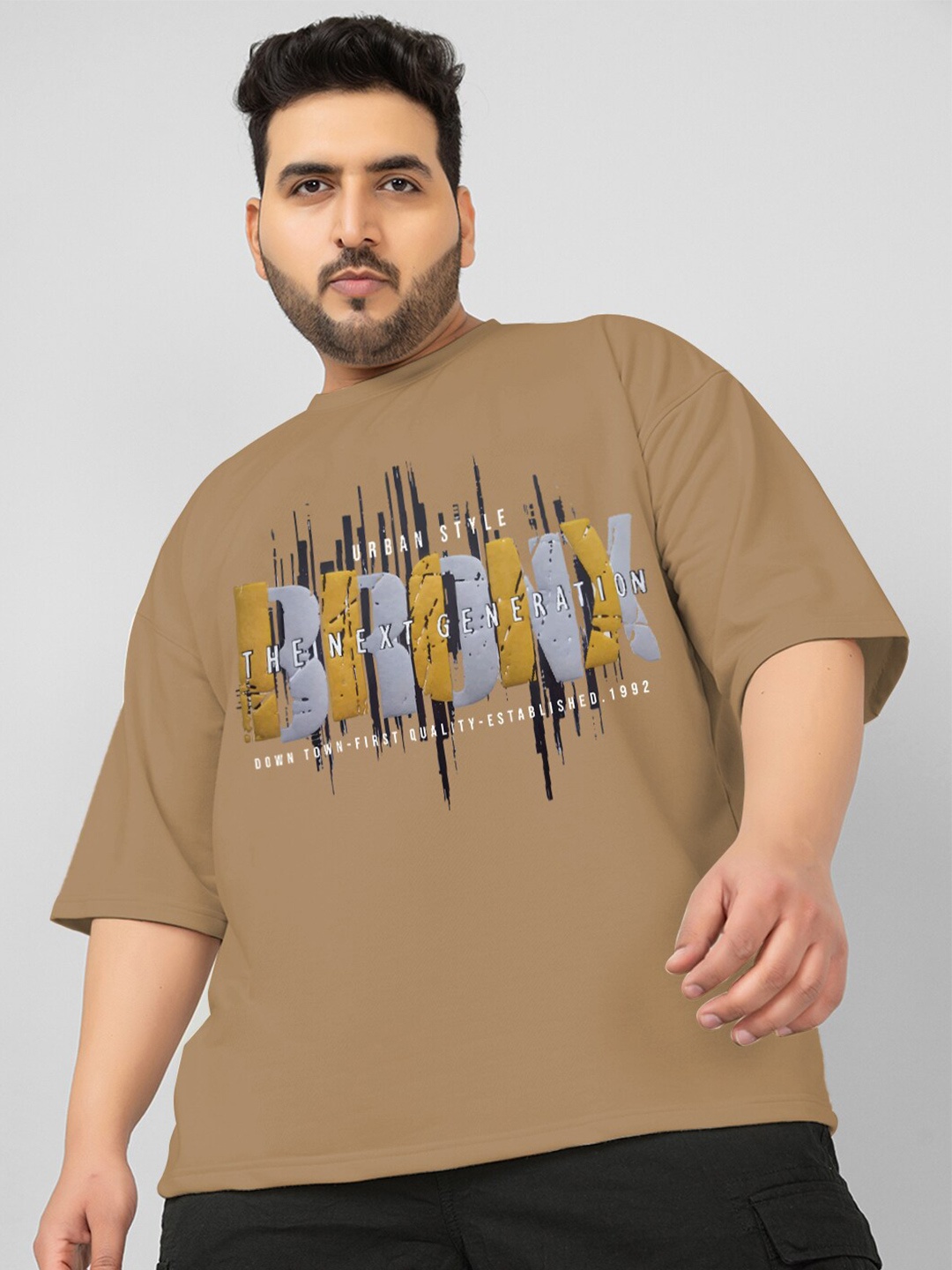 

CHKOKKO Plus Typography Printed Drop-Shoulder Sleeves Oversized Cotton Casual T-shirt, Khaki