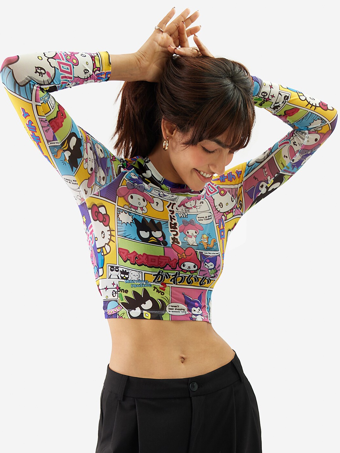 

The Souled Store Round Neck Long Sleeves Conversational Print Crop Top, Blue
