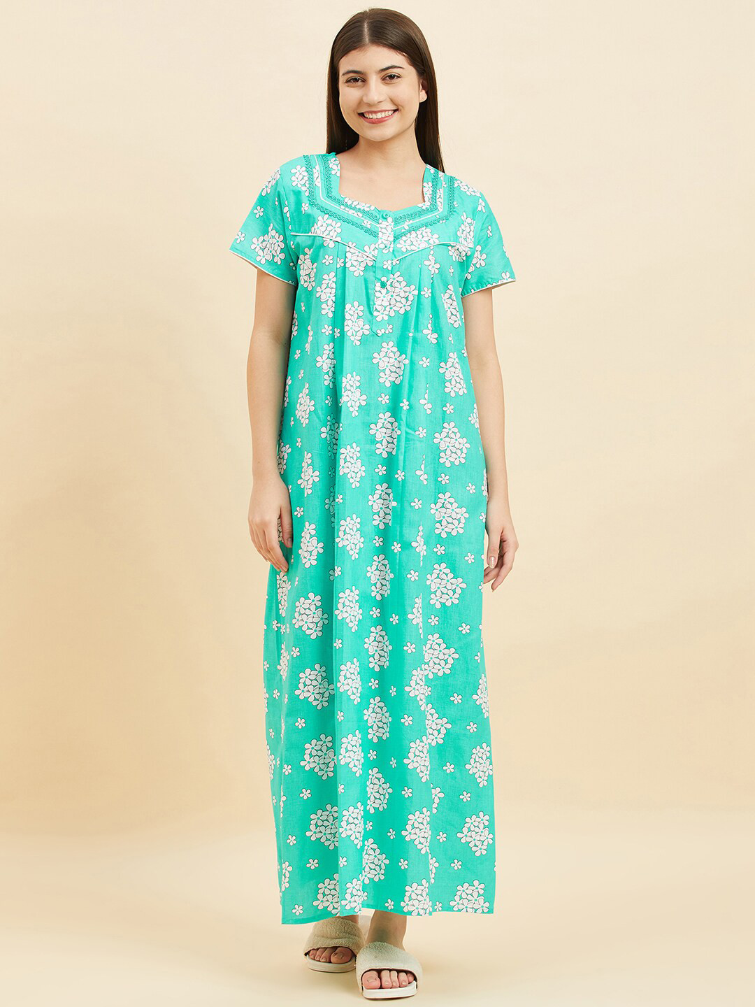 

Sweet Dreams Green Floral Printed Lace Pure Cotton Maxi Nightdress