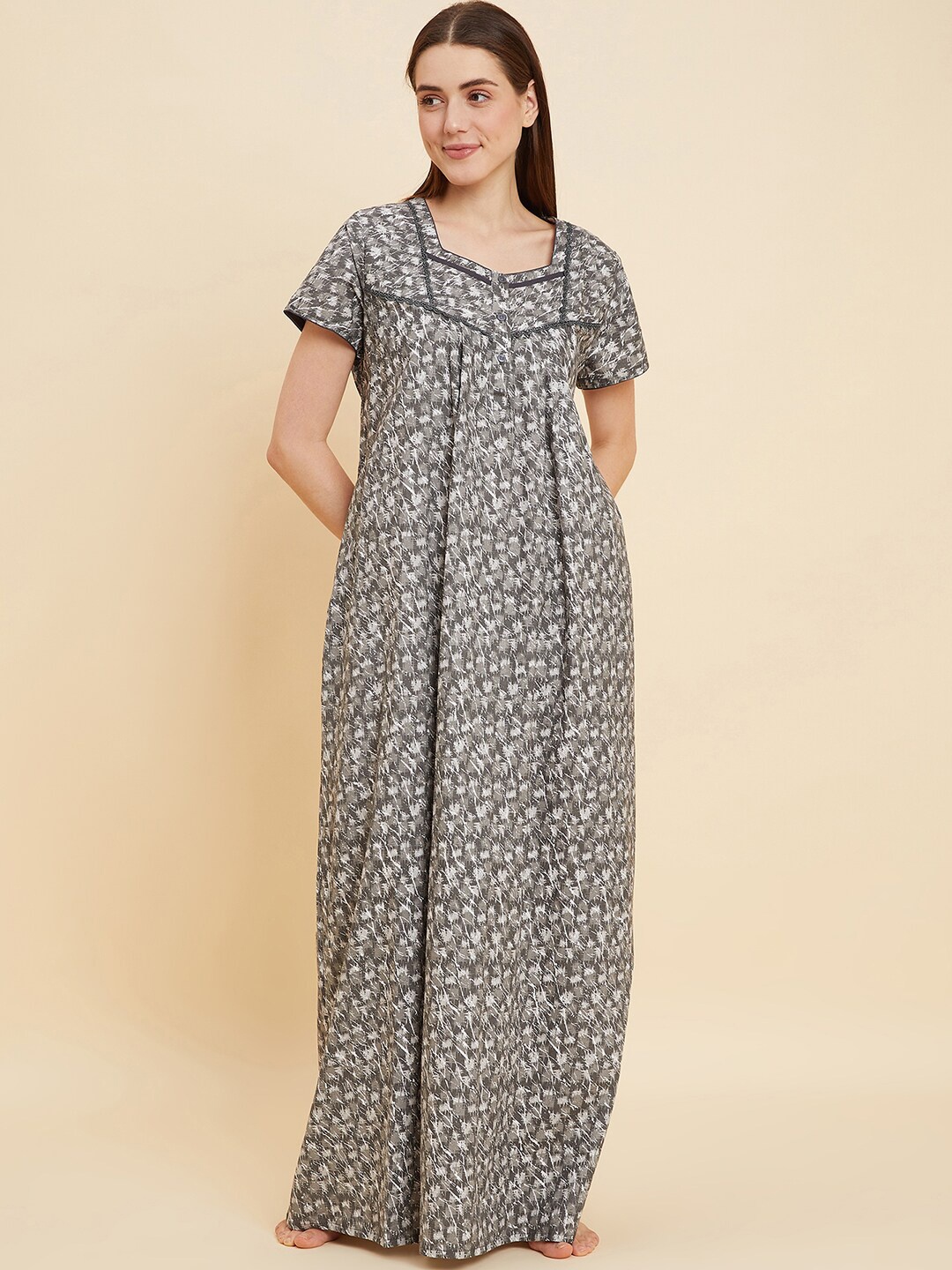 

Sweet Dreams Grey Abstract Printed Pure Cotton Maxi Nightdress
