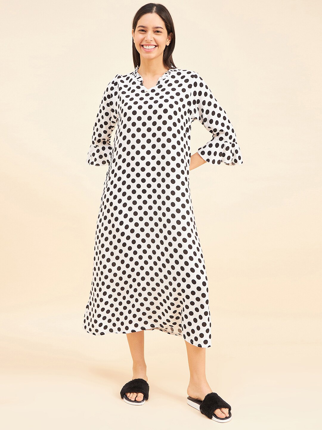 

Sweet Dreams White Polka Dots Printed Midi Nightdress