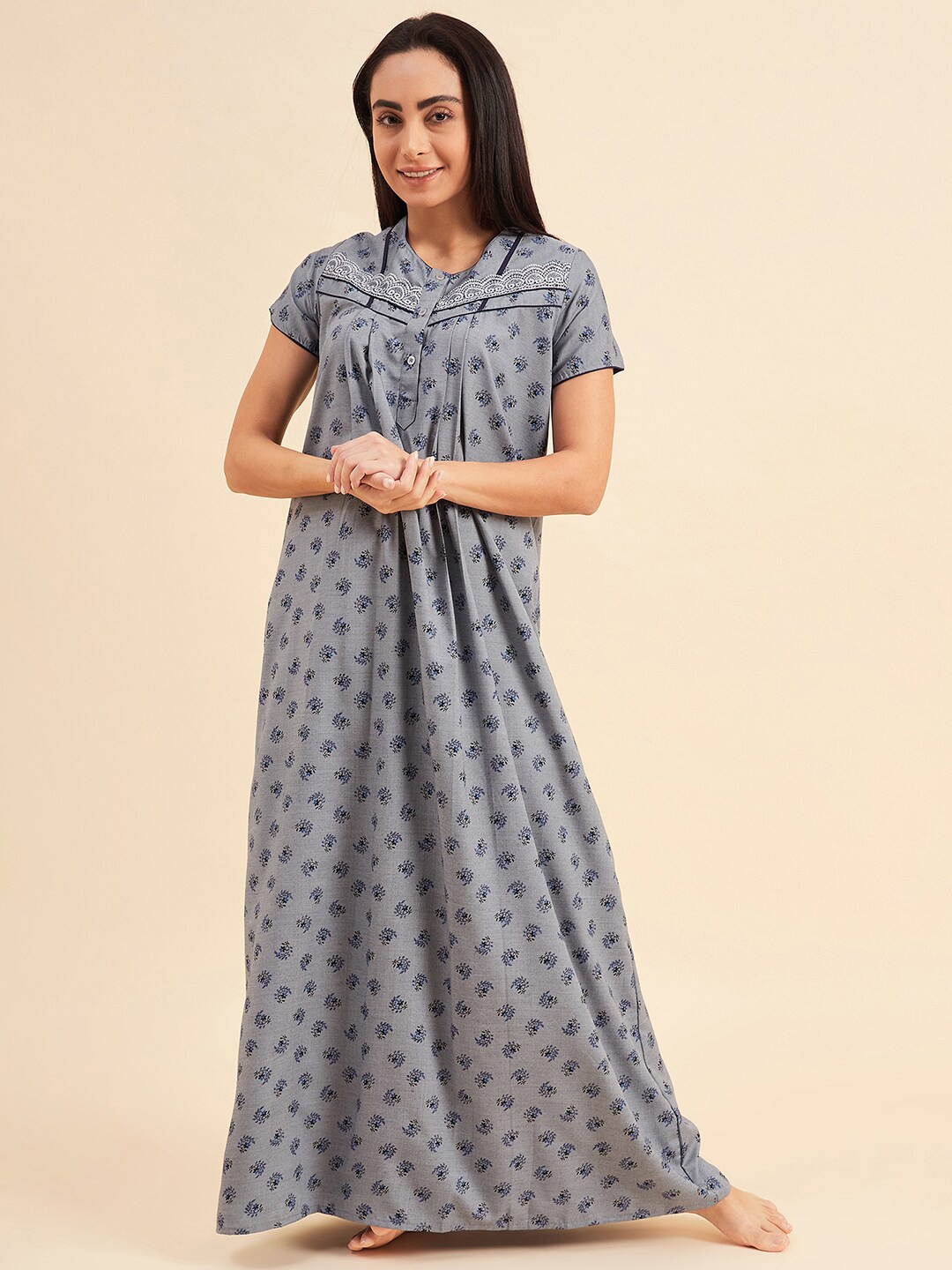 

Sweet Dreams Blue Floral Printed Lace Maxi Nightdress