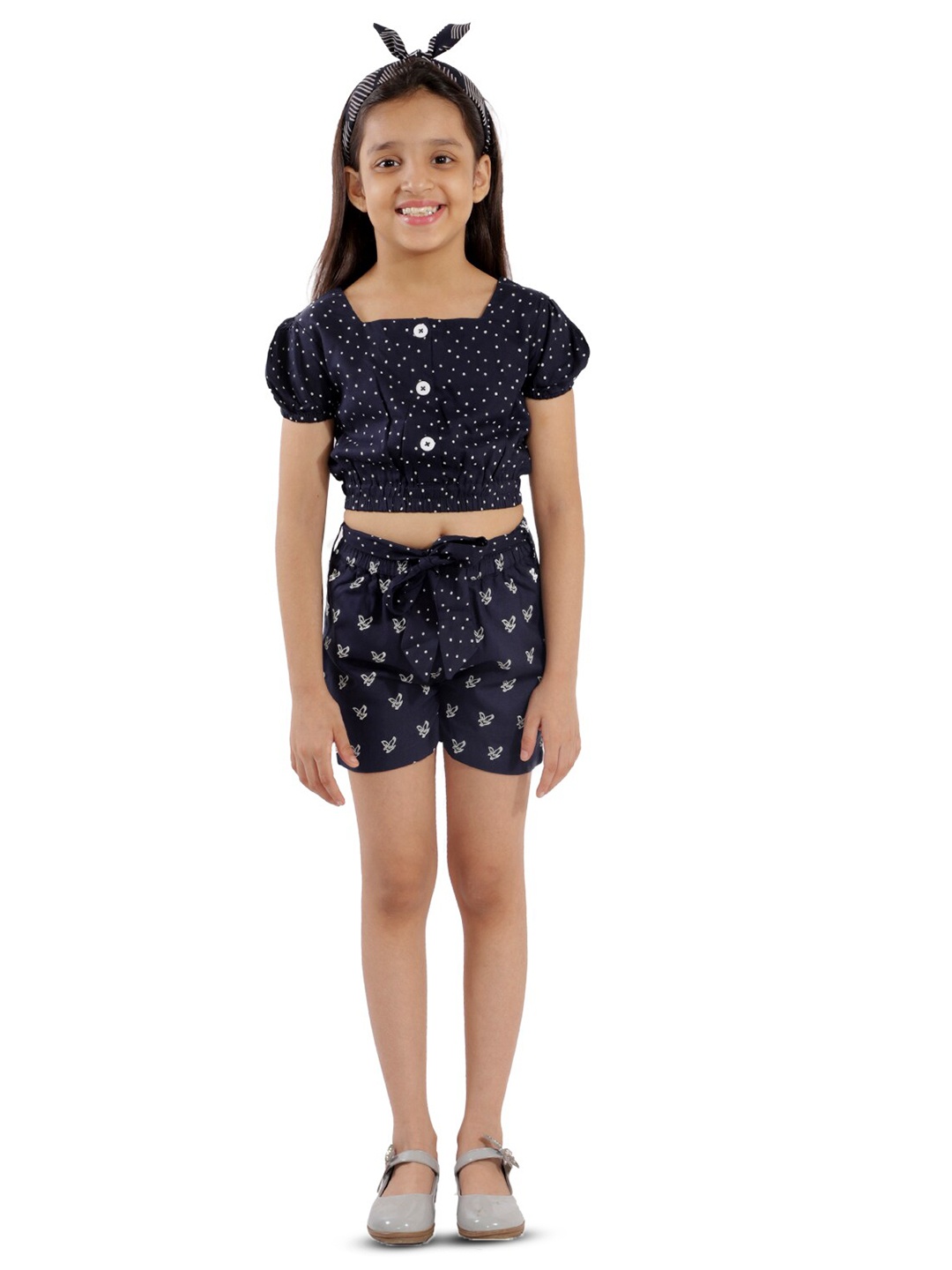 

Kids Cave Girls Abstract Print Short Puff Sleeve Top With Shorts, Blue
