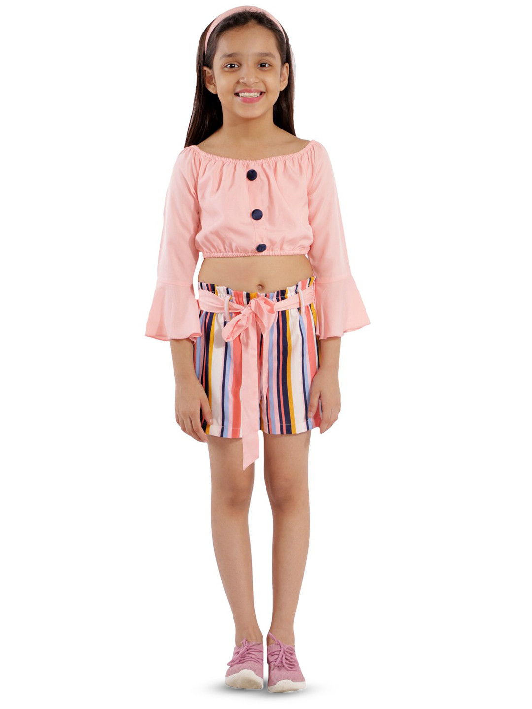 

Kids Cave Girls Off-Shoulder Bell Sleeve Top With Shorts, Pink