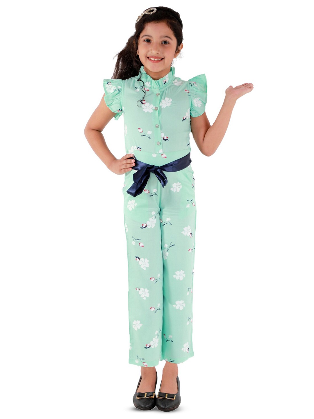 

Kids Cave Girls Floral Printed Mandarin Collar Cotton Basic Jumpsuit, Green