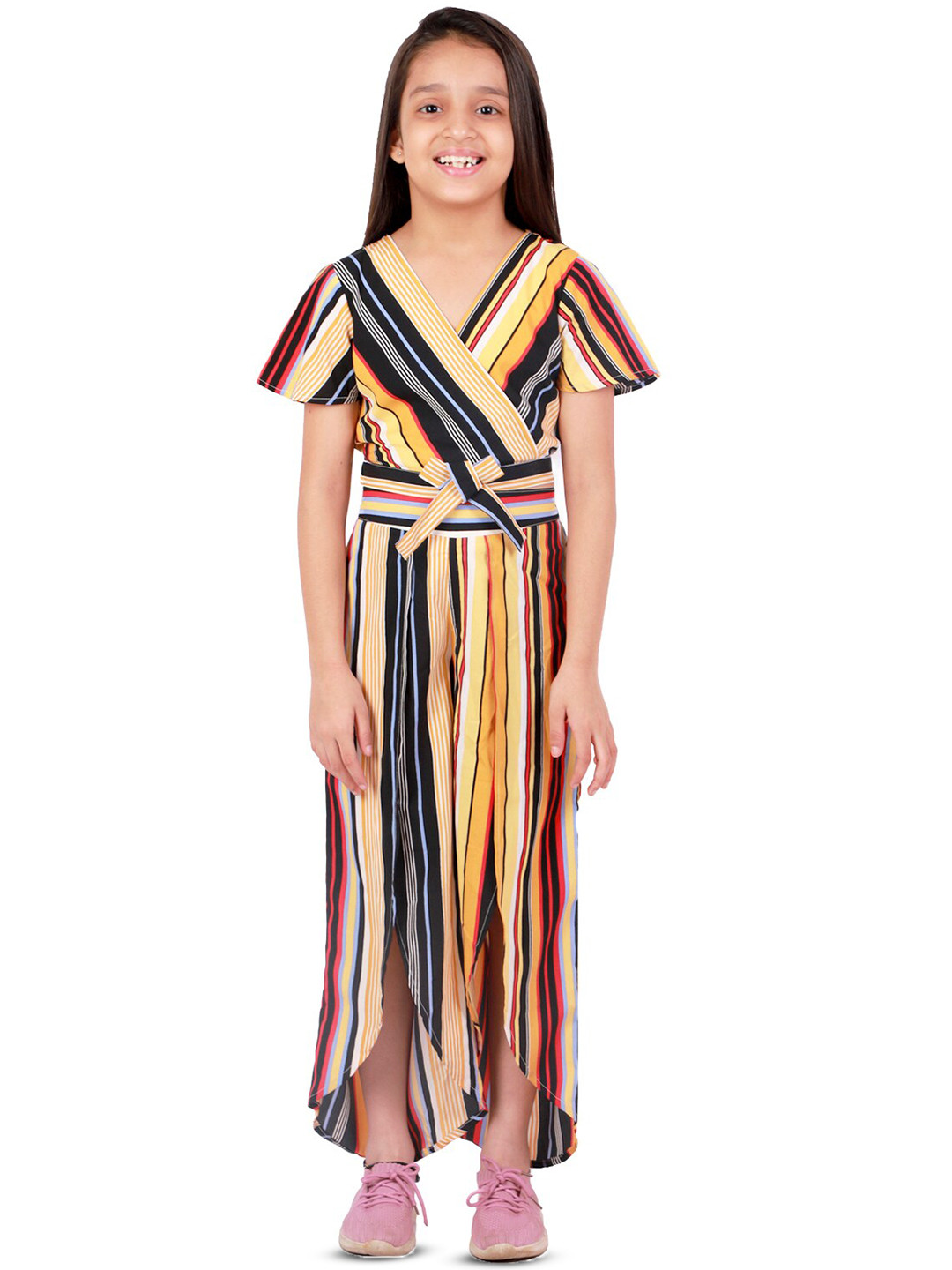 

Kids Cave V Neck Striped Print Flared Sleeve Maxi Dress, Beige