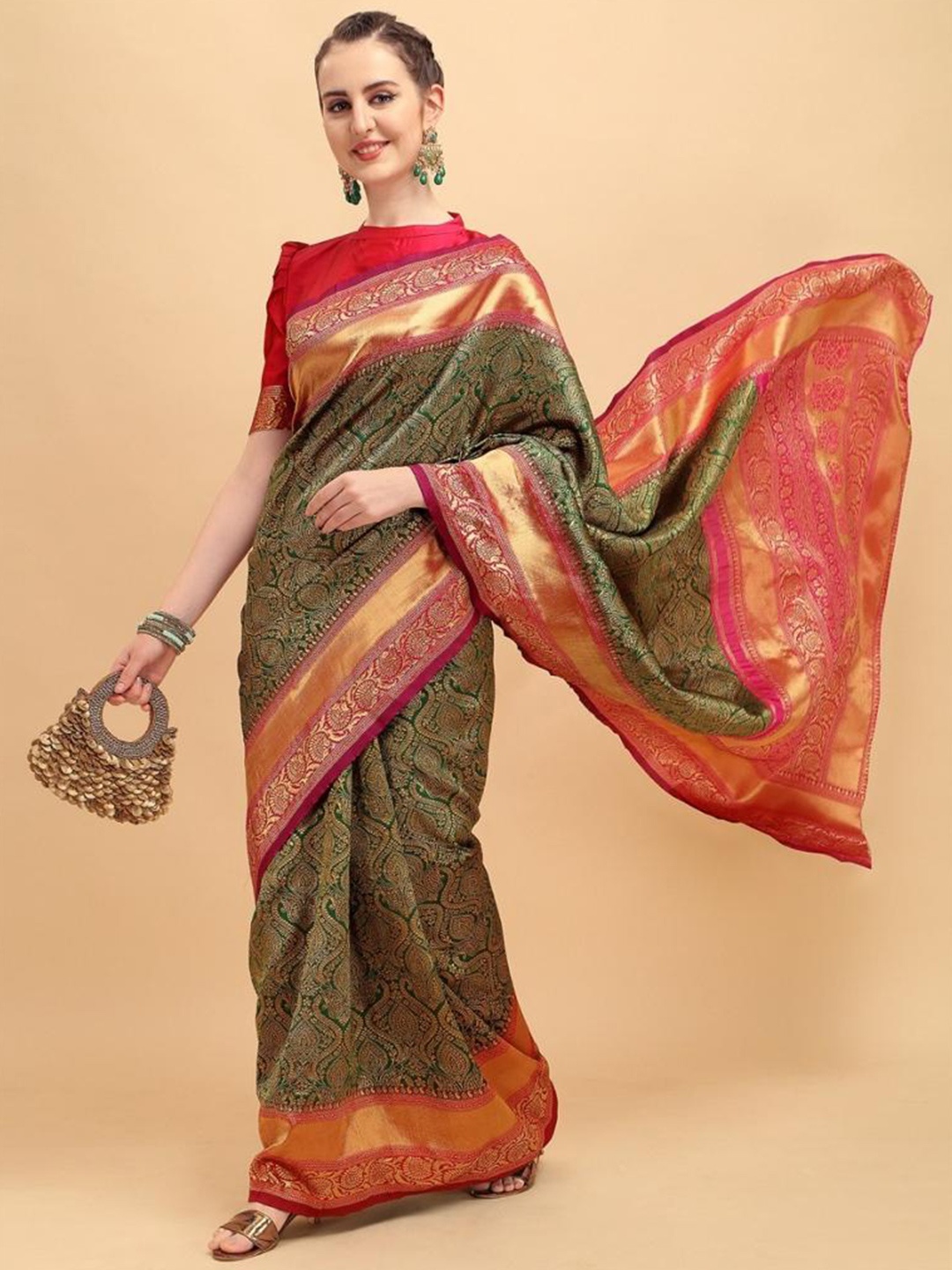 

ALAGINI Ethnic Motifs Zari Silk Blend Kanjeevaram Saree, Green