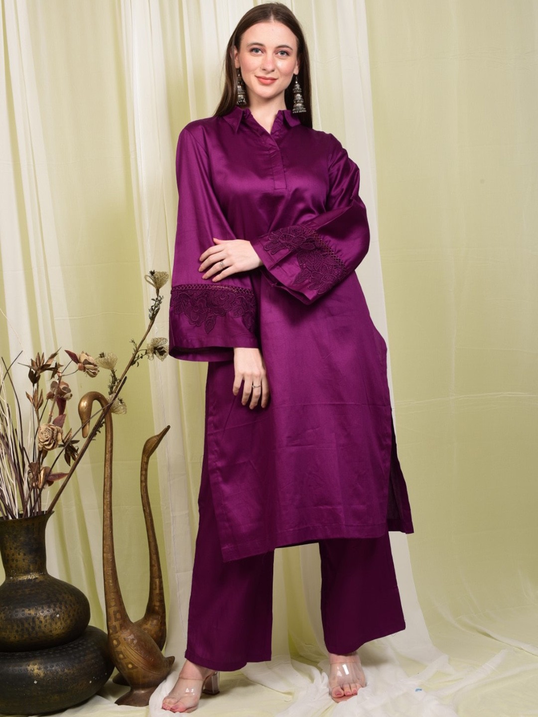 

Laalzari Shirt Collar Sleeve Long Sleeves Cotton Top And Palazzos, Purple