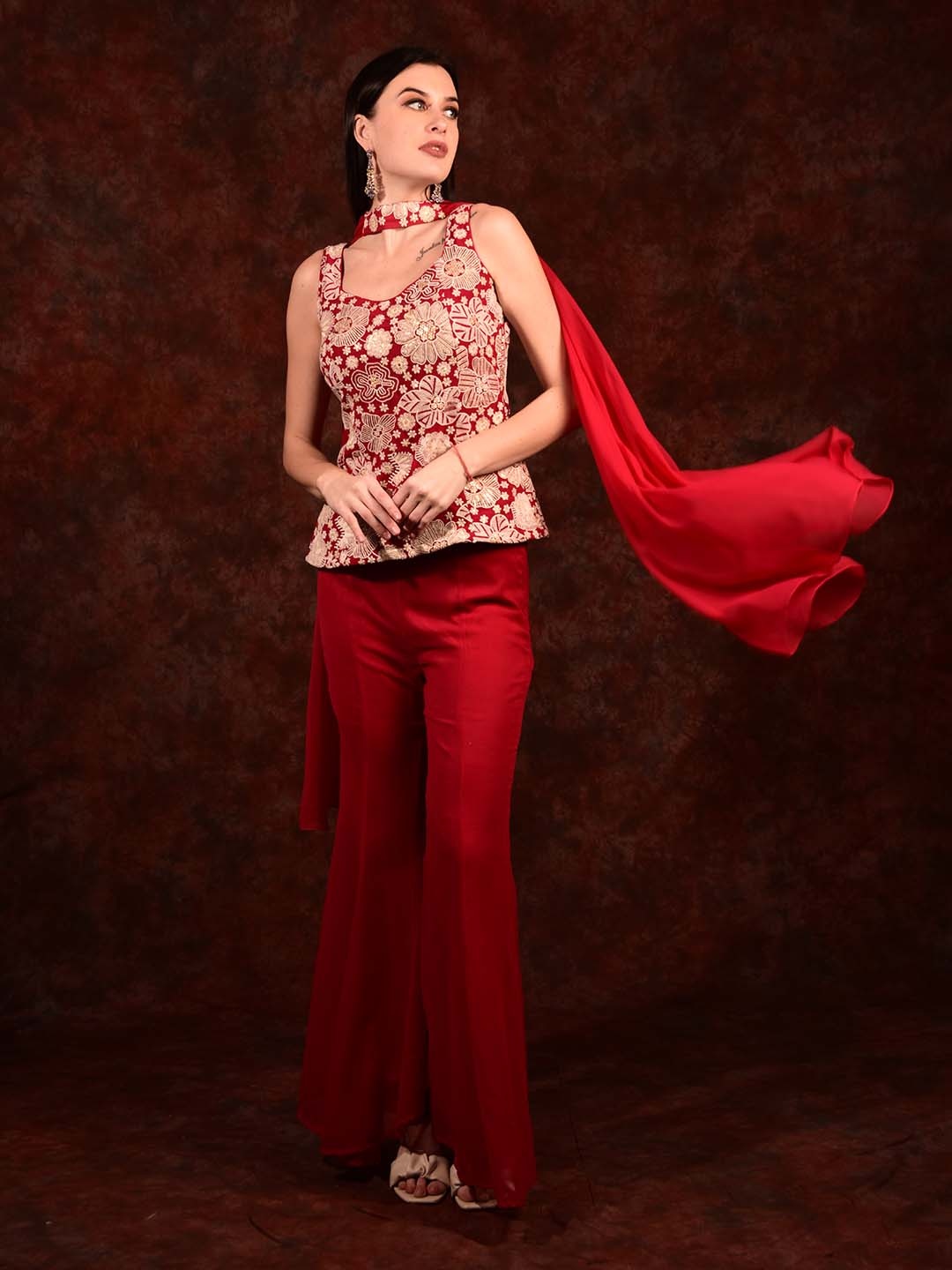 

Laalzari Printed Shoulder Straps Top With Trouser And Dupatta, Red