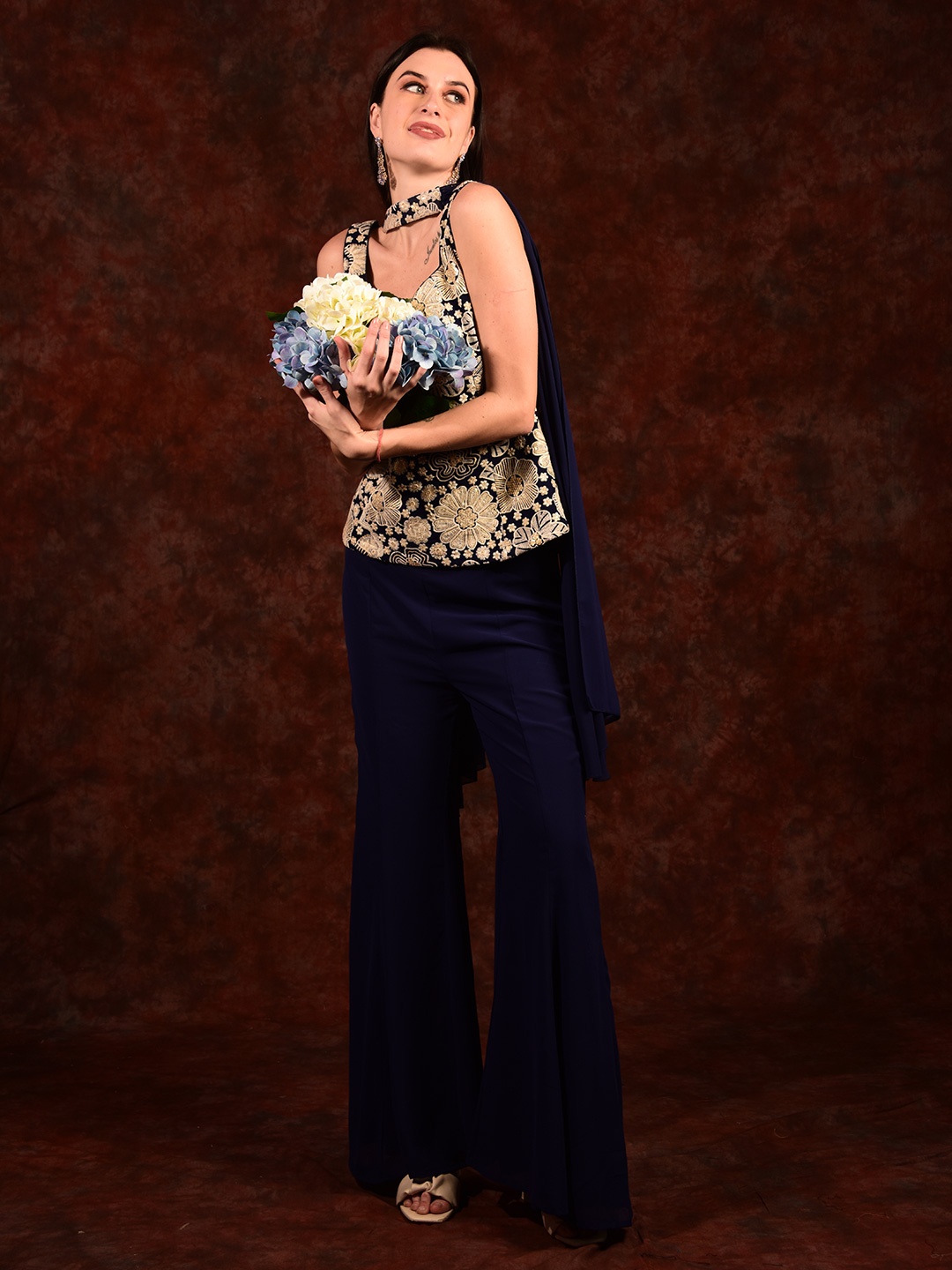 

Laalzari Embroidered Top & Palazzos With Band Dupatta, Navy blue