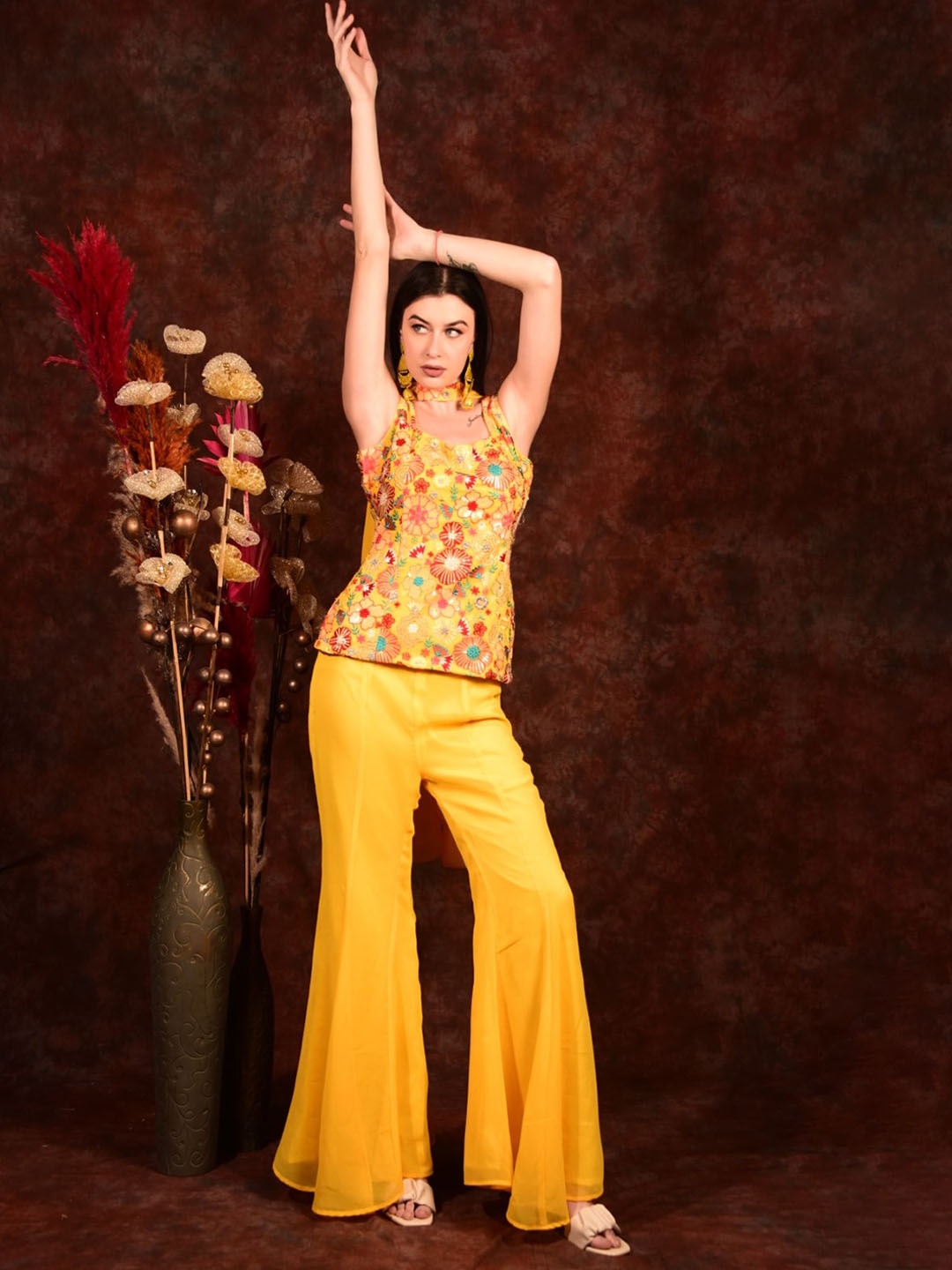 

Laalzari Embroidered Top & Palazzos With Band Dupatta, Yellow
