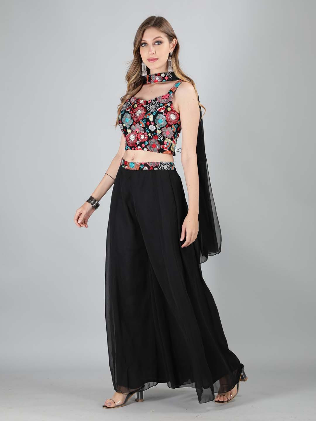 

Laalzari Embroidered Crop Top With Skirt & Dupatta, Black