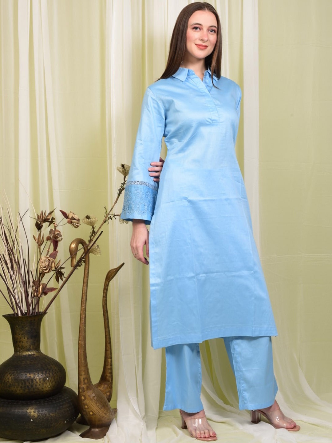 

Laalzari Shirt Collar Sleeve Long Sleeves Cotton Top And Palazzos, Blue