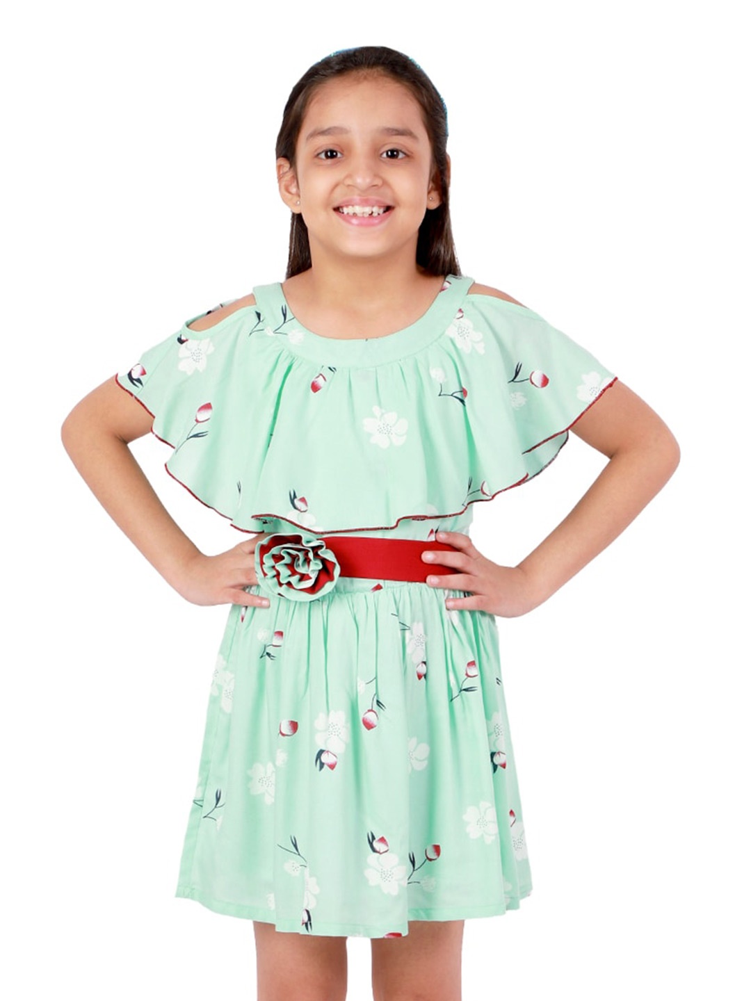 

Kids Cave Girls Floral Flared Sleeve Cotton Fit & Flare Dress, Green