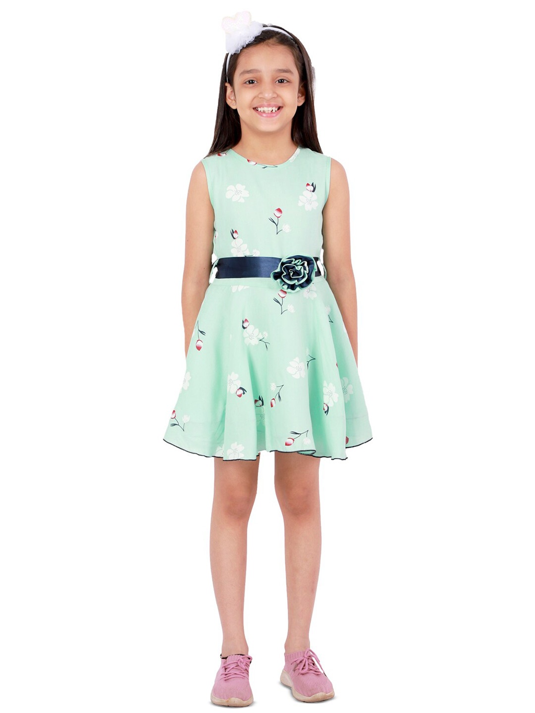 

Kids Cave Girls Floral Round Neck Sleeveless Fit & Flare Dress, Green