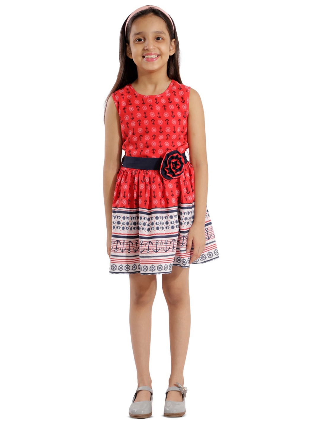 

Kids Cave Round Neck Ethnic Motifs Printed Fit & Flare Dress, Red