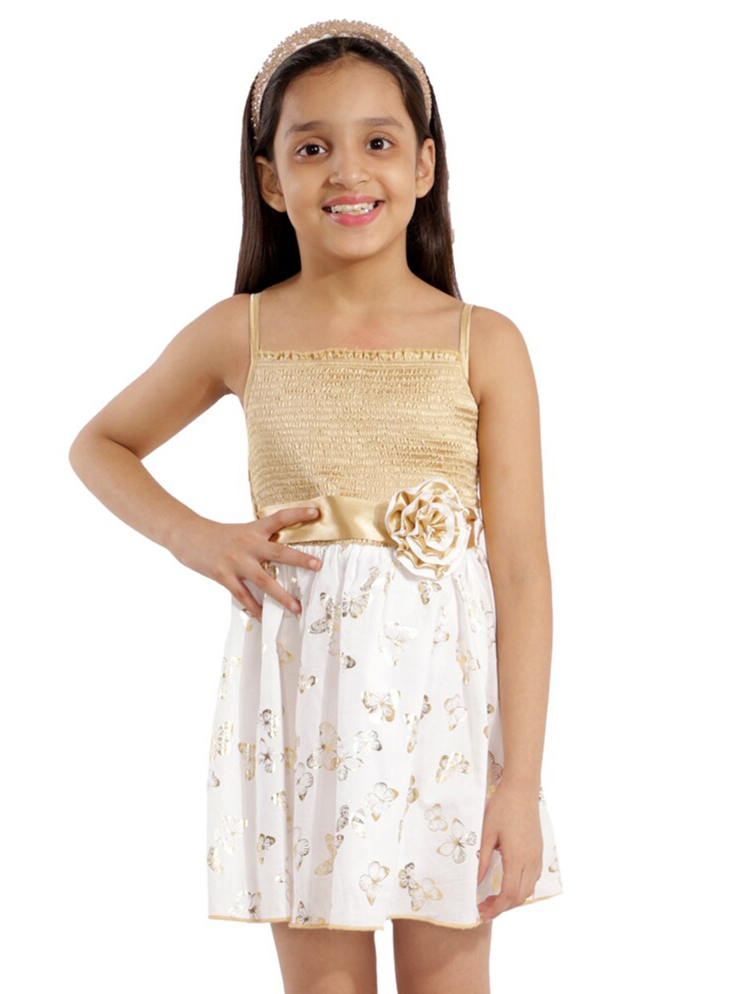 

Kids Cave Girls Conversational Printed Shoulder Straps Cotton Fit & Flare Dress, White