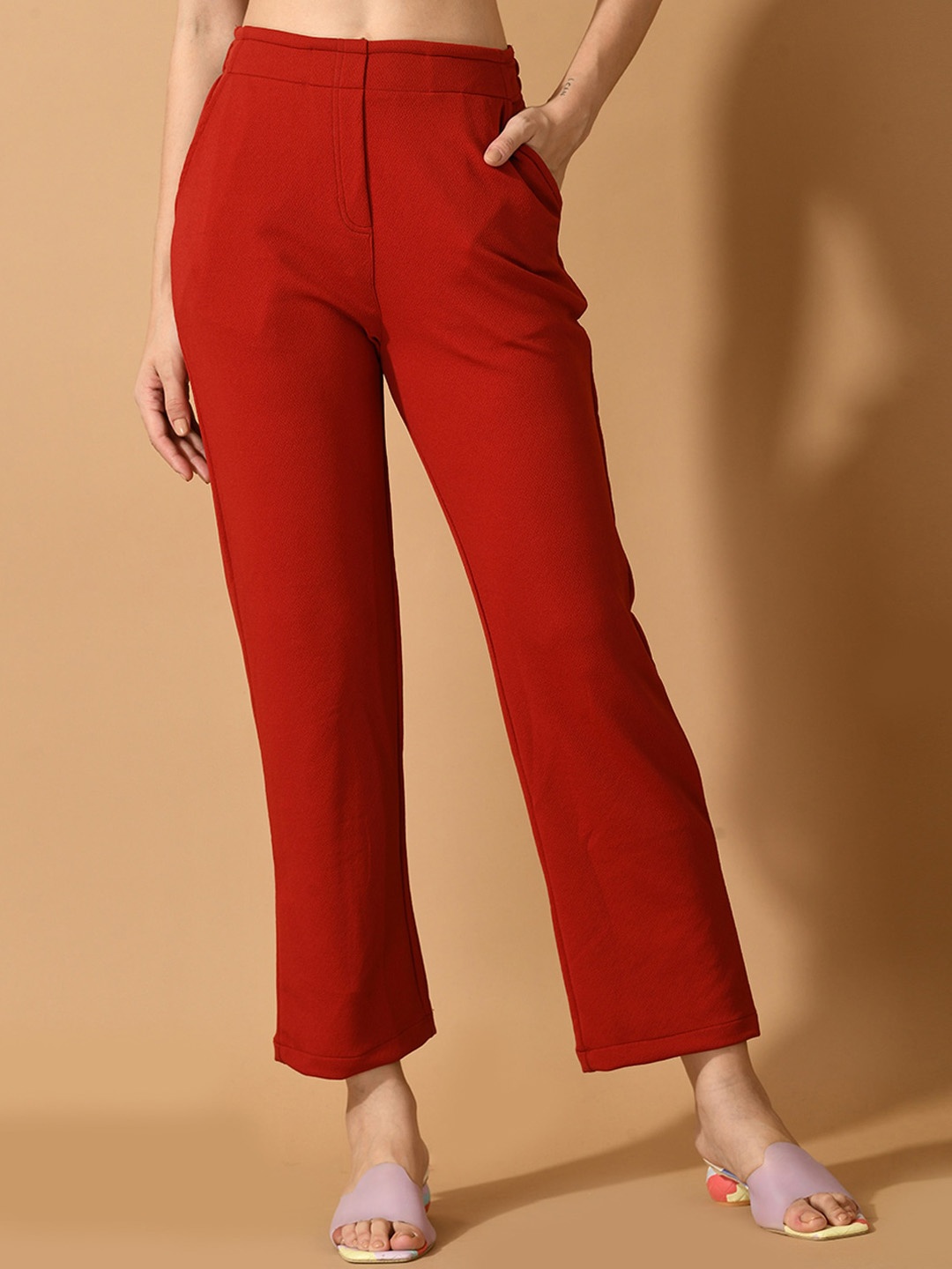 

HERE&NOW Women Comfort Straight Fit Wrinkle Free Trouser, Red