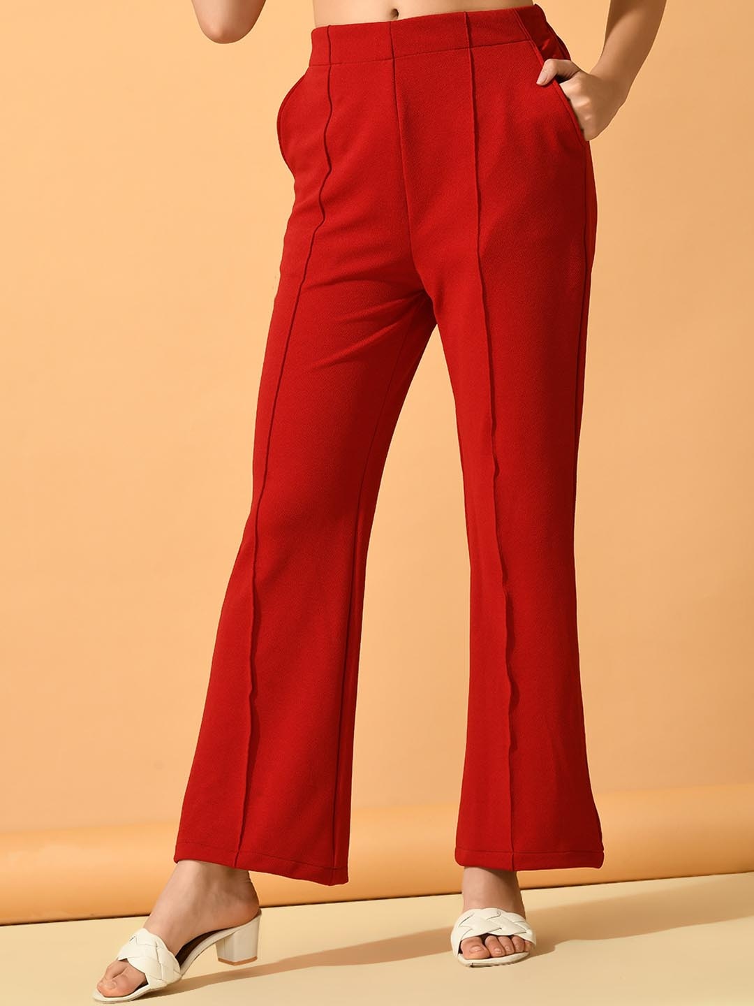 

HERE&NOW Women Comfort Flared Wrinkle Free Parallel Trouser, Red