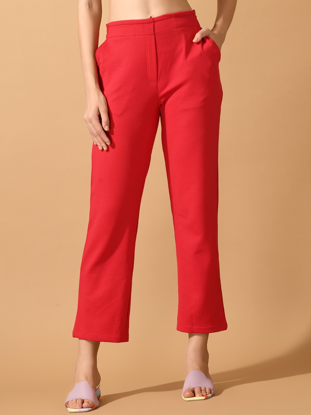 

HERE&NOW Women Comfort Straight Fit Wrinkle Free Trouser, Red