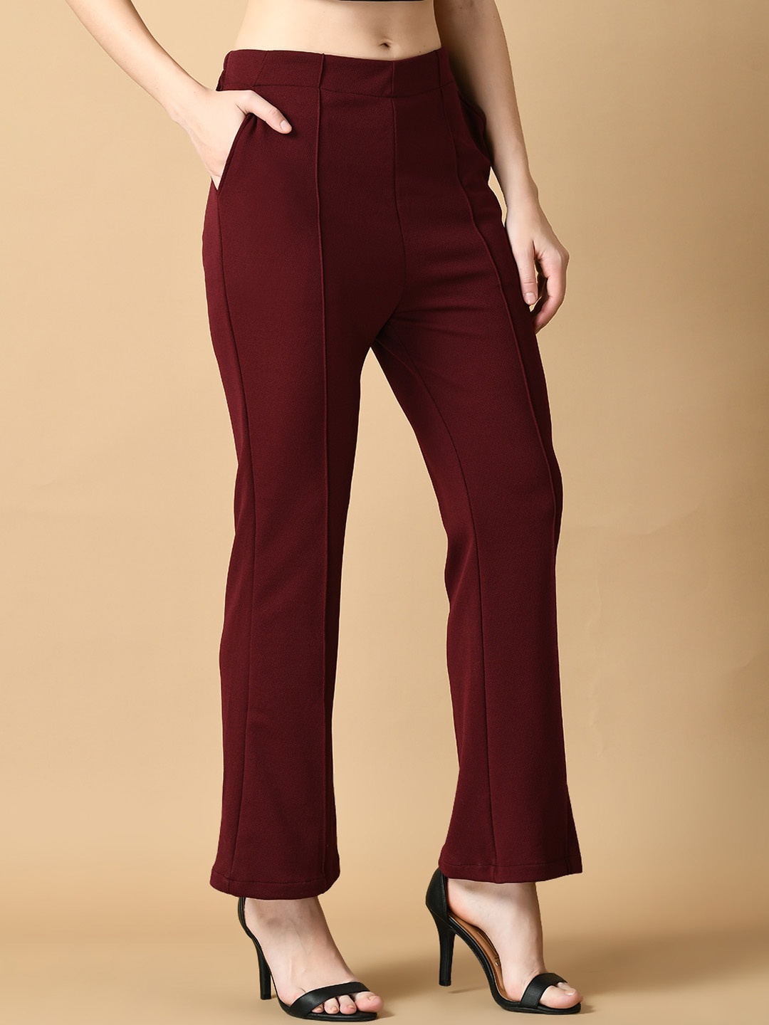 

HERE&NOW Women Comfort Flared Wrinkle Free Parallel Trouser, Maroon