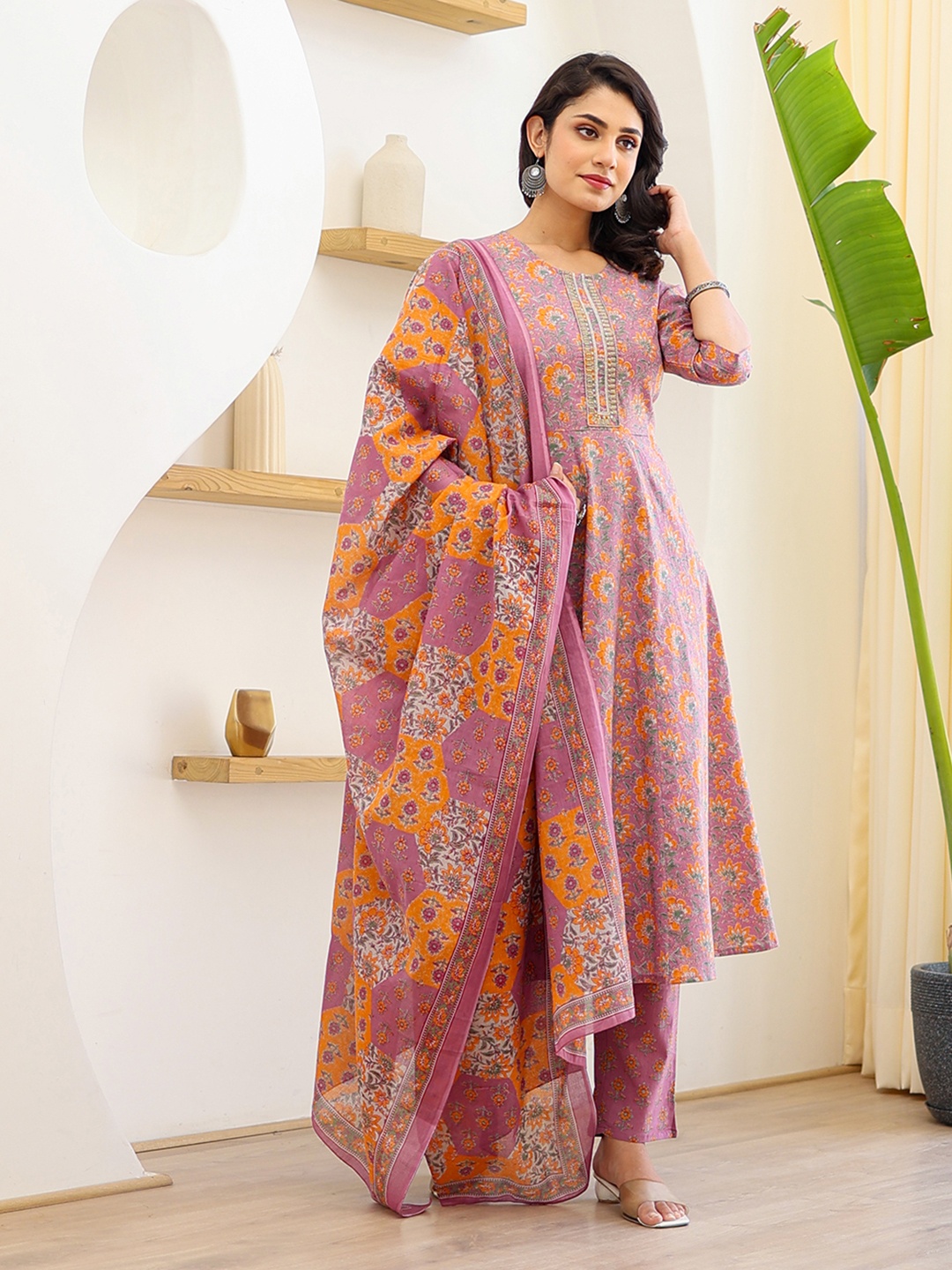 

Yufta Floral Printed Regular Thread Work Pure Cotton Kurta with Trouser & Dupatta, Pink