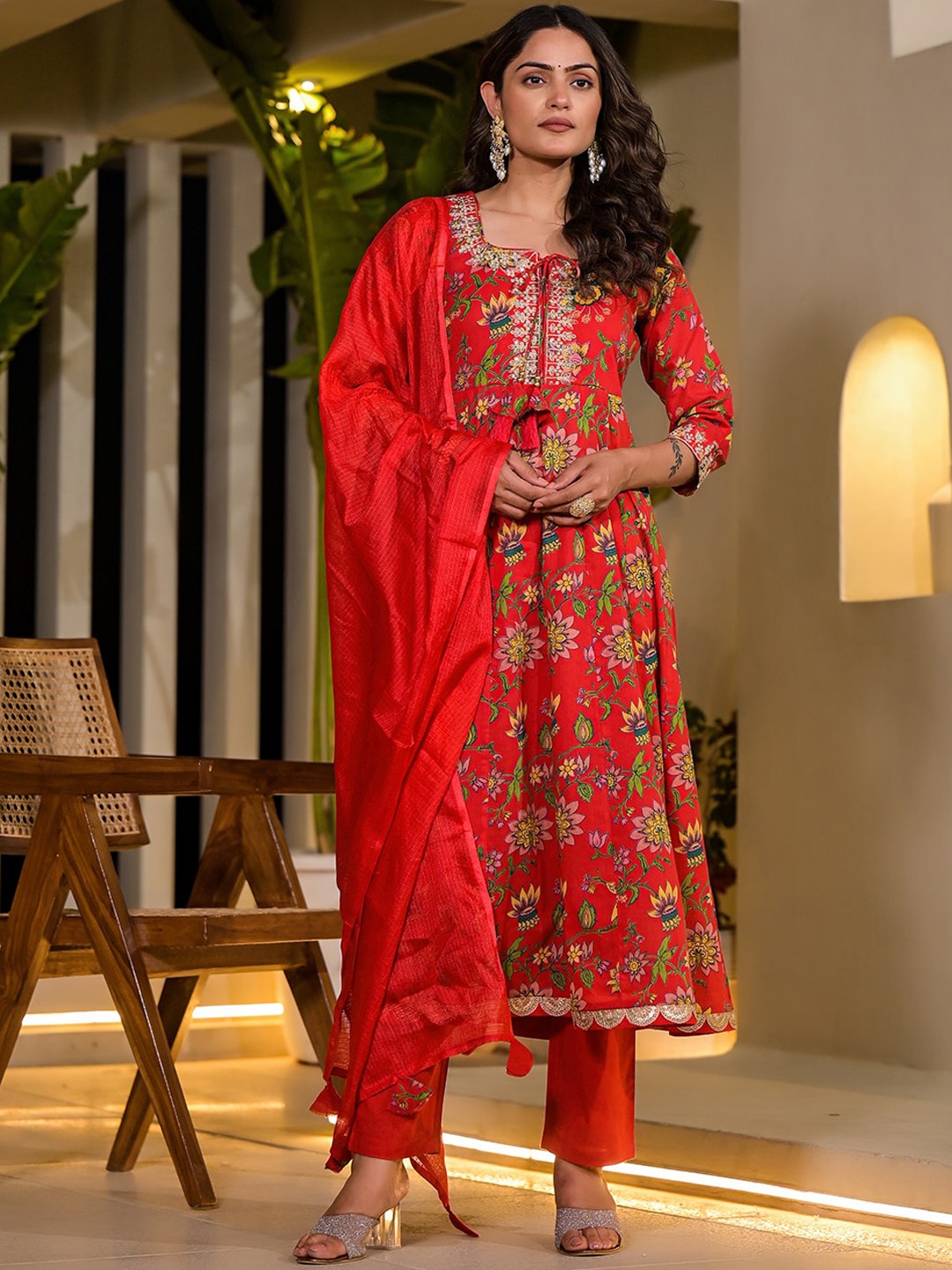 

Yufta Floral Printed Empire Sequinned Pure Cotton Kurta with Trouser & Dupatta, Red
