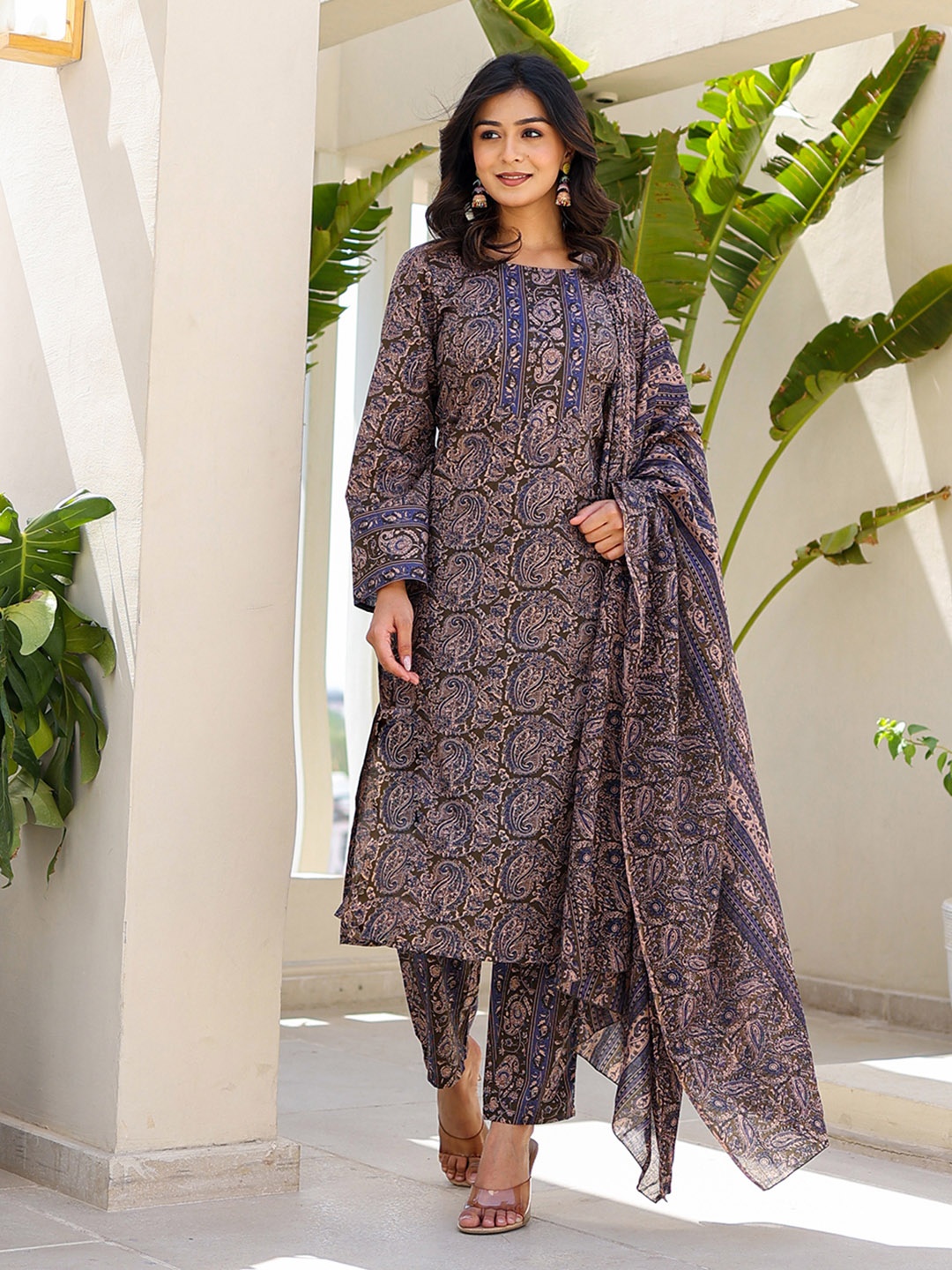 

Yufta Paisley Printed Regular Pure Cotton Kurta with Trousers & With Dupatta, Olive
