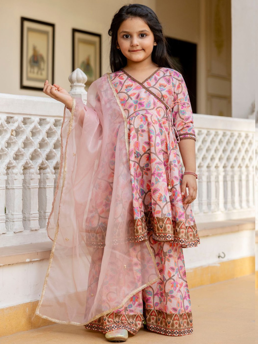 

Cutiediva Girls Floral Printed Anarkali Kurta With Sharara & Dupatta, Peach